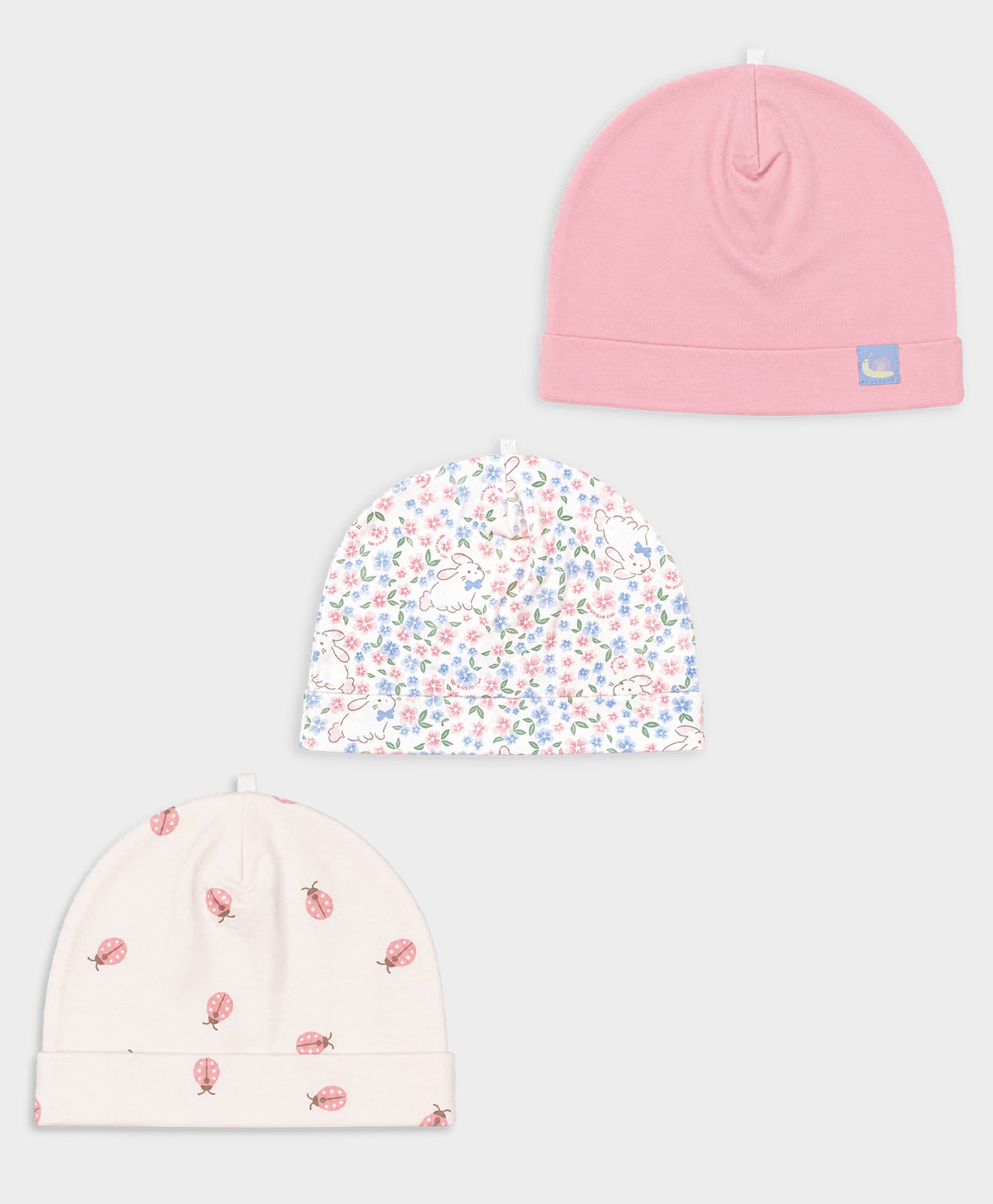 Mi Arcus 100% Cotton Knit Pack Of 3 Solid Floral & Ladybugs Printed Caps - Multi Colour - Circumference - 34 Cms-image-46