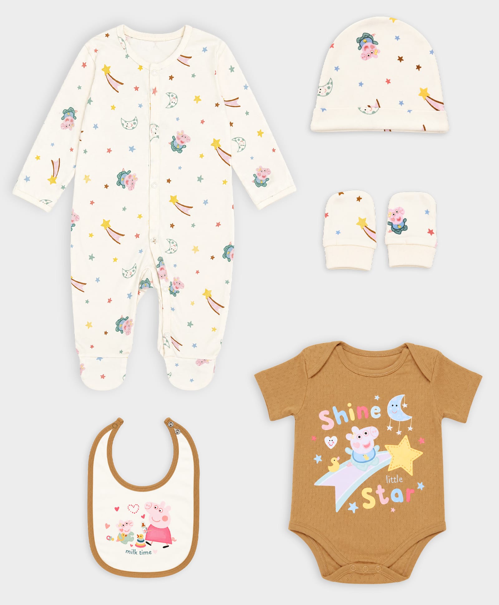 Mi Arcus Cotton Elastane Knit Peppa Pig Featuring Full Sleeves Character Printed Footed Romper & Onesie With Cap Mitten & Bib - Cream & Brown-picture-12