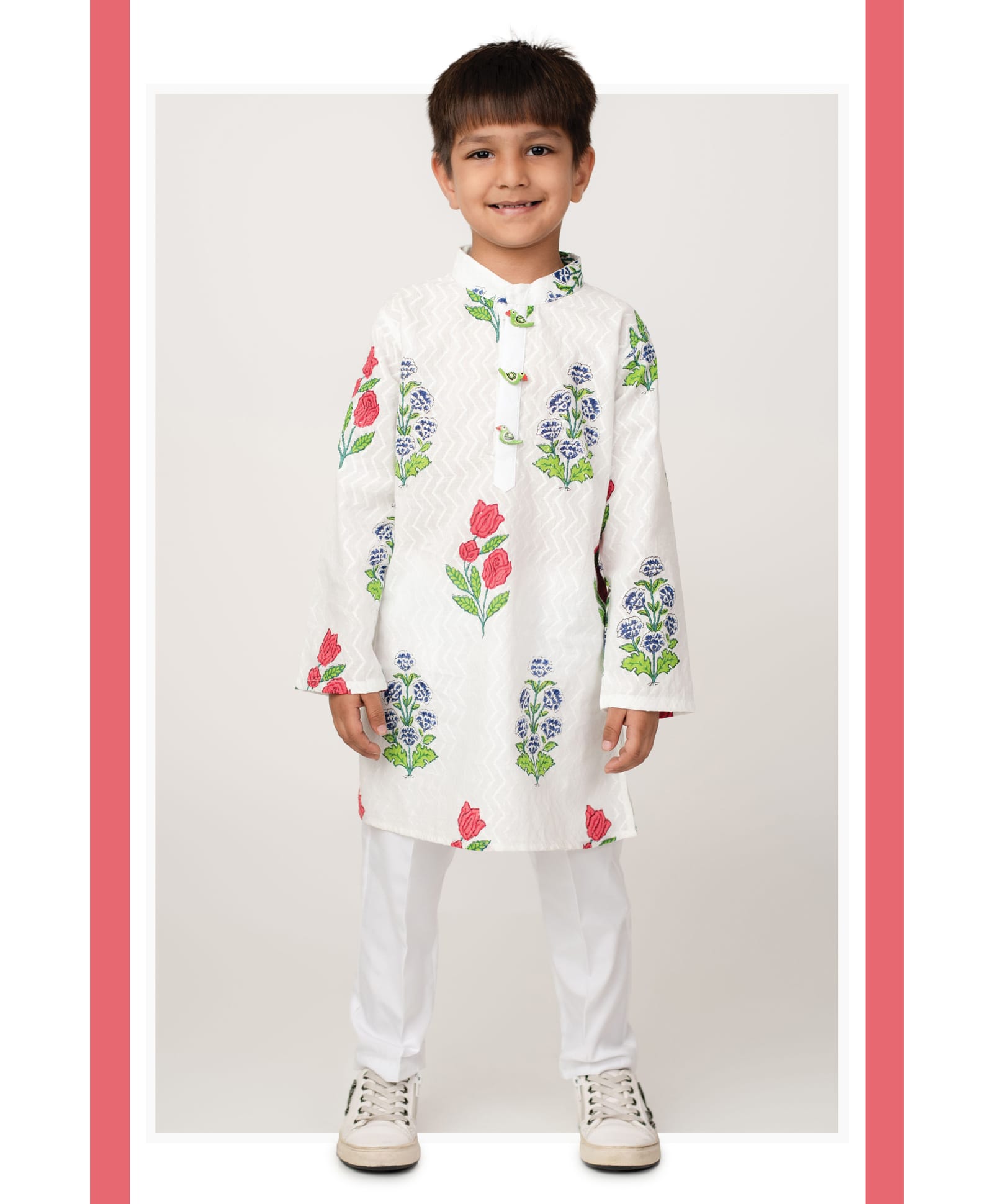 LITTLE COLLARS Cotton Woven Full Sleeves Floral Printed Kurta & Pyjama Set - White-picture-9
