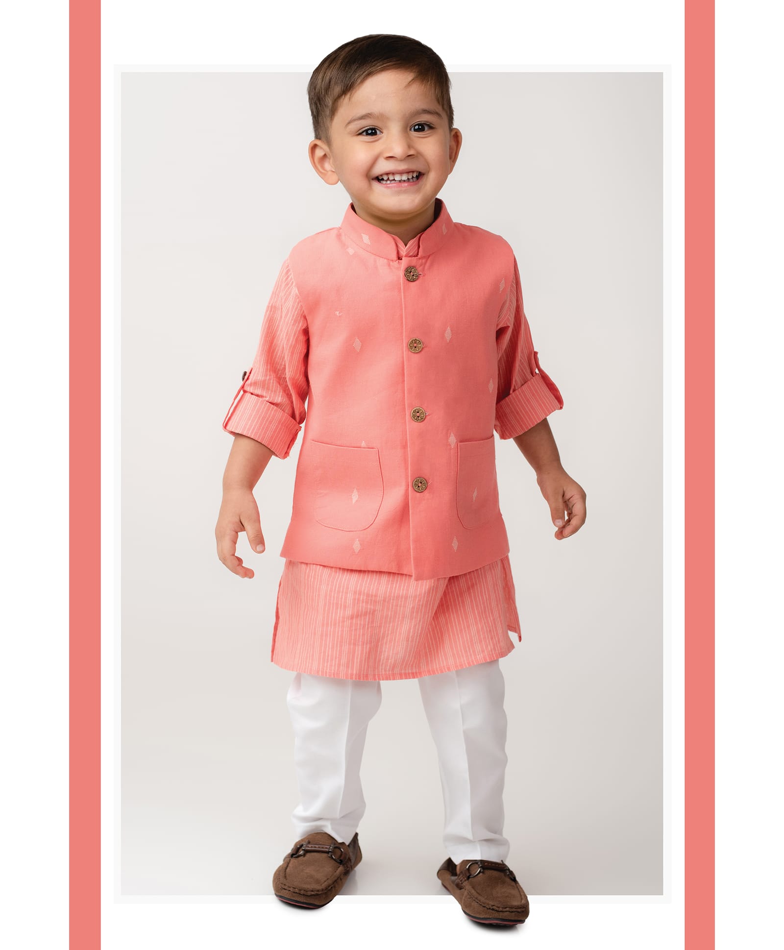 LITTLE COLLARS Cotton Woven Full Sleeves Striped Kurta & Pyjama Set With Abstract Printed Jacket - Peach-picture-28