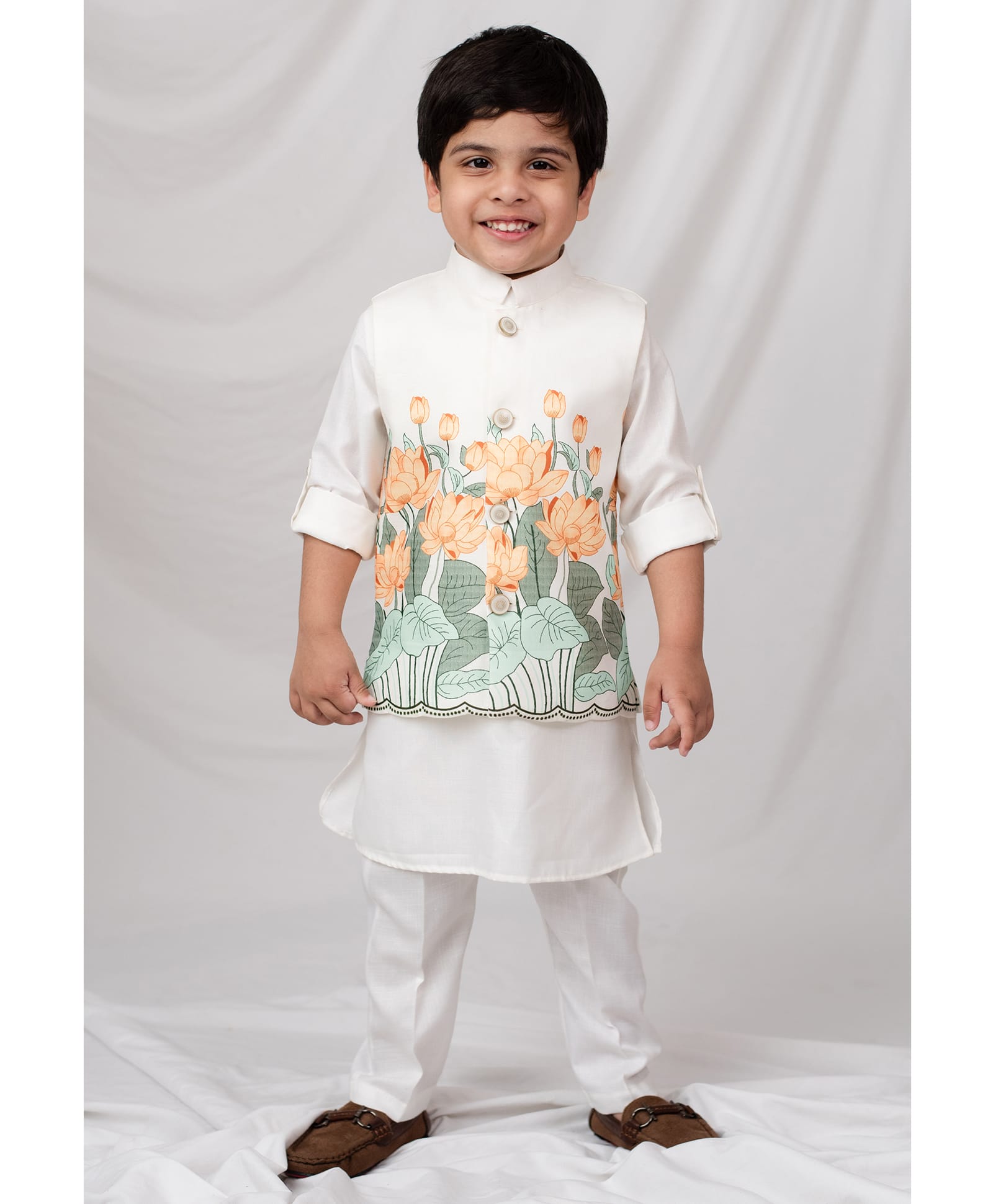 LITTLE COLLARS Blended Woven Full Sleeves Solid Kurta & Pant Set With Floral Printed Waistcoat - Yellow-picture-48