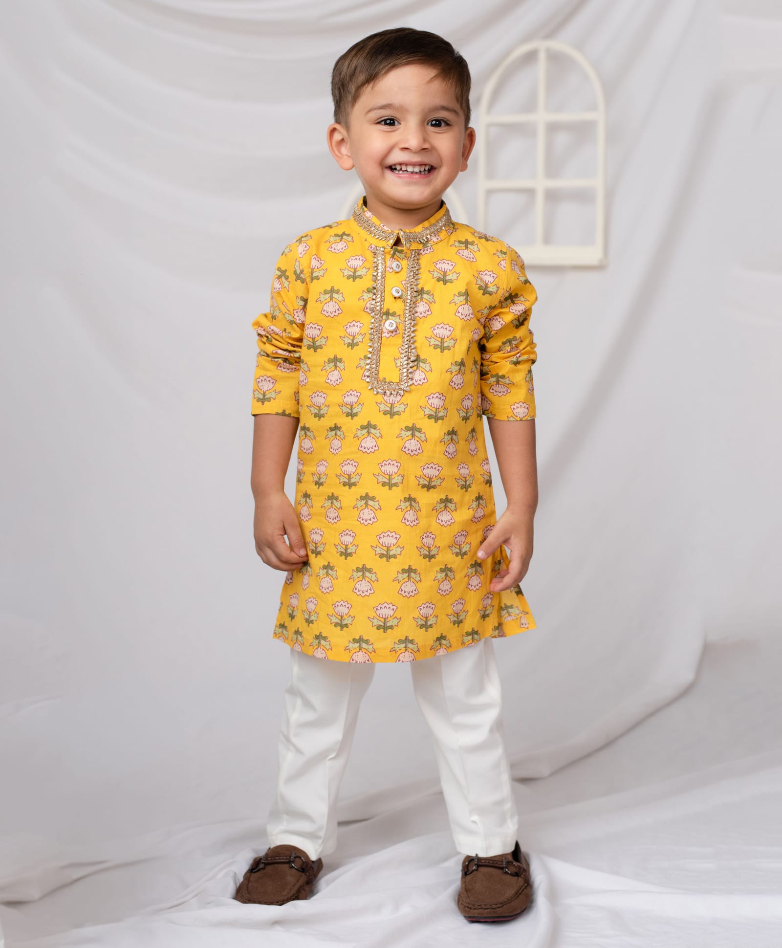 LITTLE COLLARS Cotton Woven Full Sleeves Floral Printed Lace Embellished Kurta & Pyjama Set - Mustard-picture-16