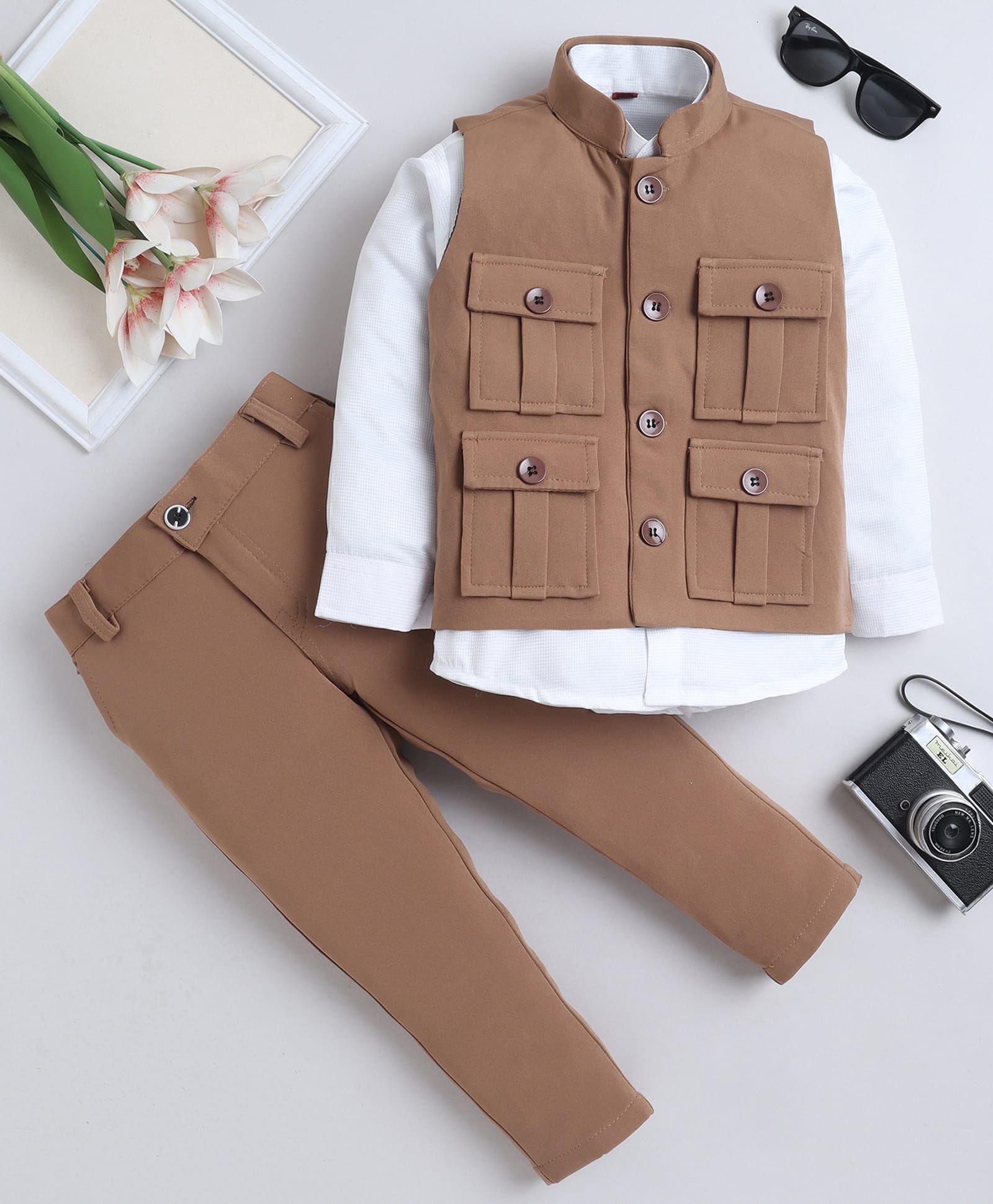 Fourfolds Cotton Blend Woven Full Sleeves Solid Shirt & Pant Set With Pocket Detailed Jacket - Fawn-image-7