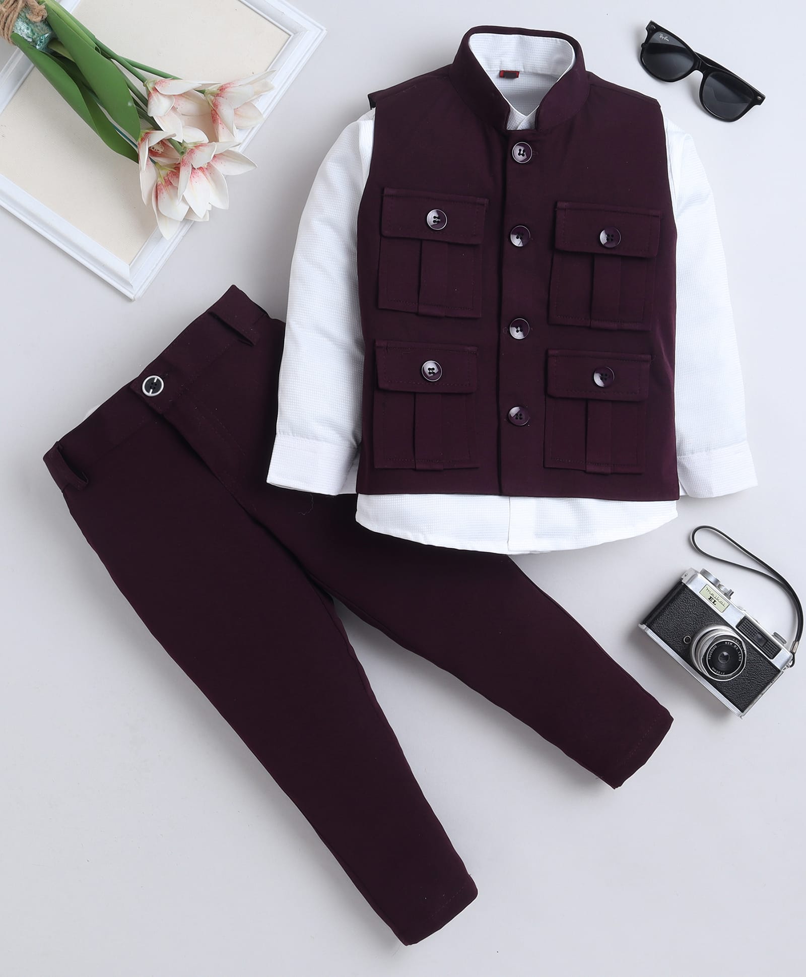 Fourfolds Cotton Blend Woven Full Sleeves Solid Shirt & Pant Set With Pocket Detailed Jacket - Wine-picture-20