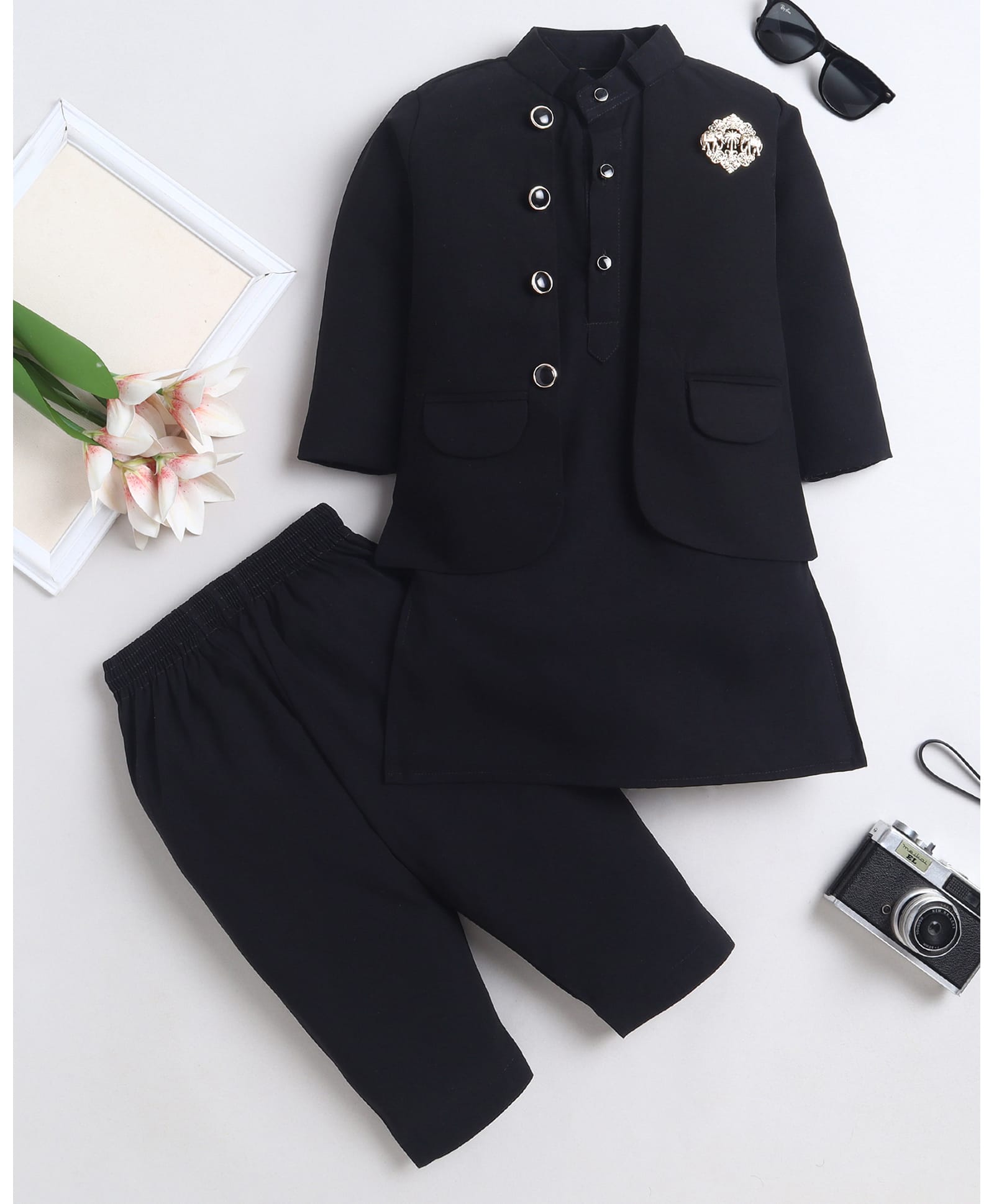 Fourfolds Cotton Blend Woven Solid Kurta Pyjama Set With Full Sleeves Ethnic Brooch Detailed Jacket - Black-image-25
