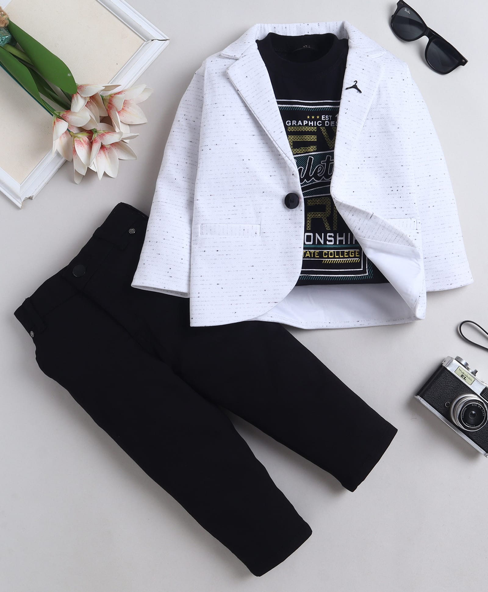 Fourfolds Cotton Blend Woven Full Sleeves Textured Blazer & Trouser Set With New York Text Printed Tee - White-picture-10