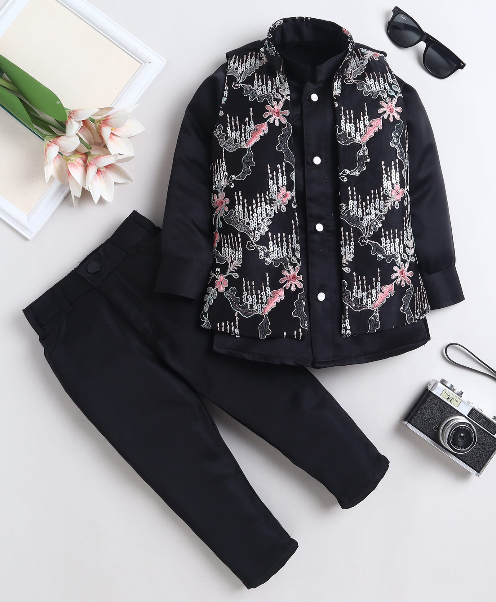 Fourfolds Woven Full Sleeves Solid Sherwani & Trouser Set With Sequins Embellished & Floral Embroidered Jacket- Black-image-15