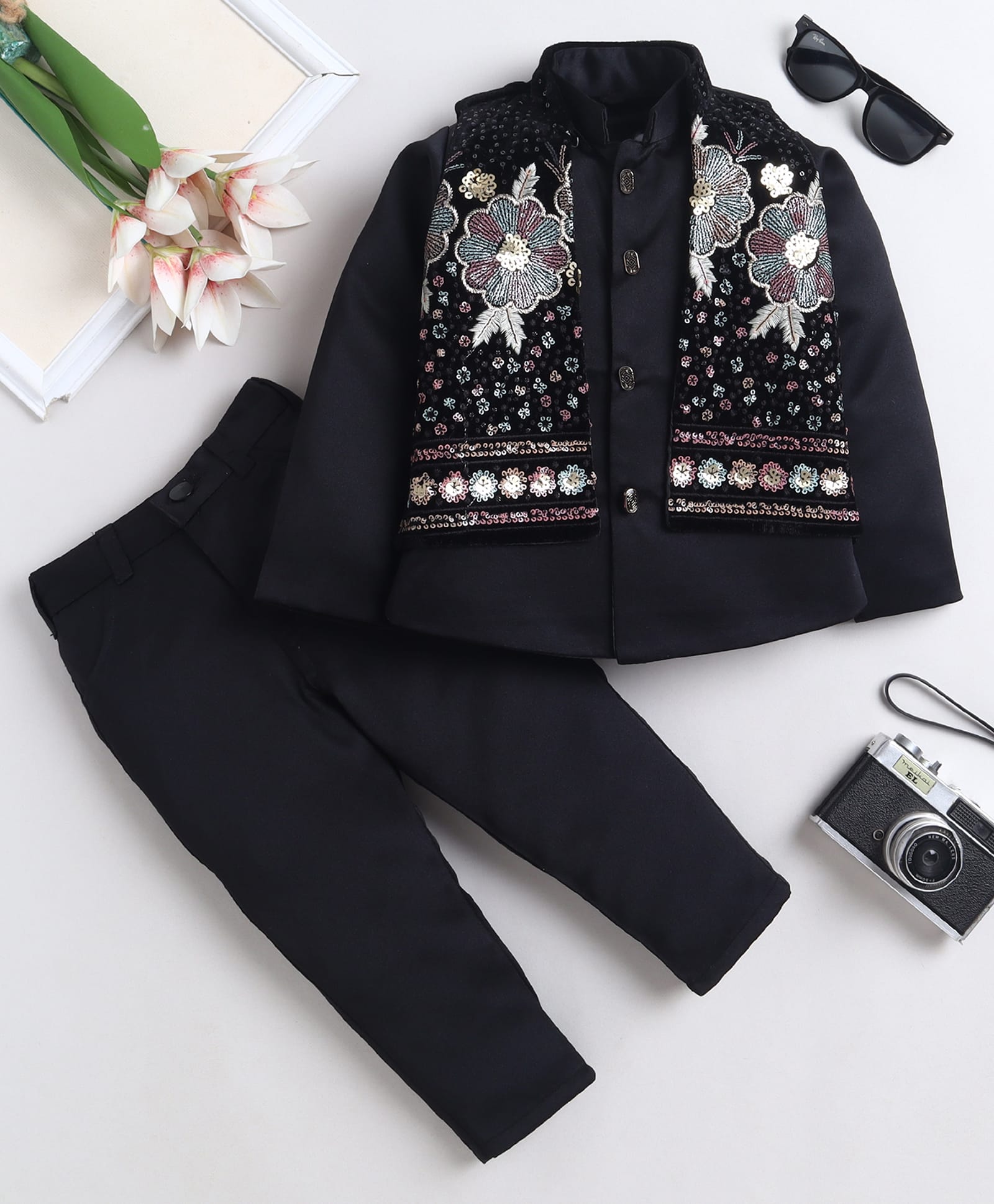 Fourfolds Woven Full Sleeves Solid Sherwani & Trouser Set With Sequins Embellished & Floral Embroidered Jacket - Black-image-48