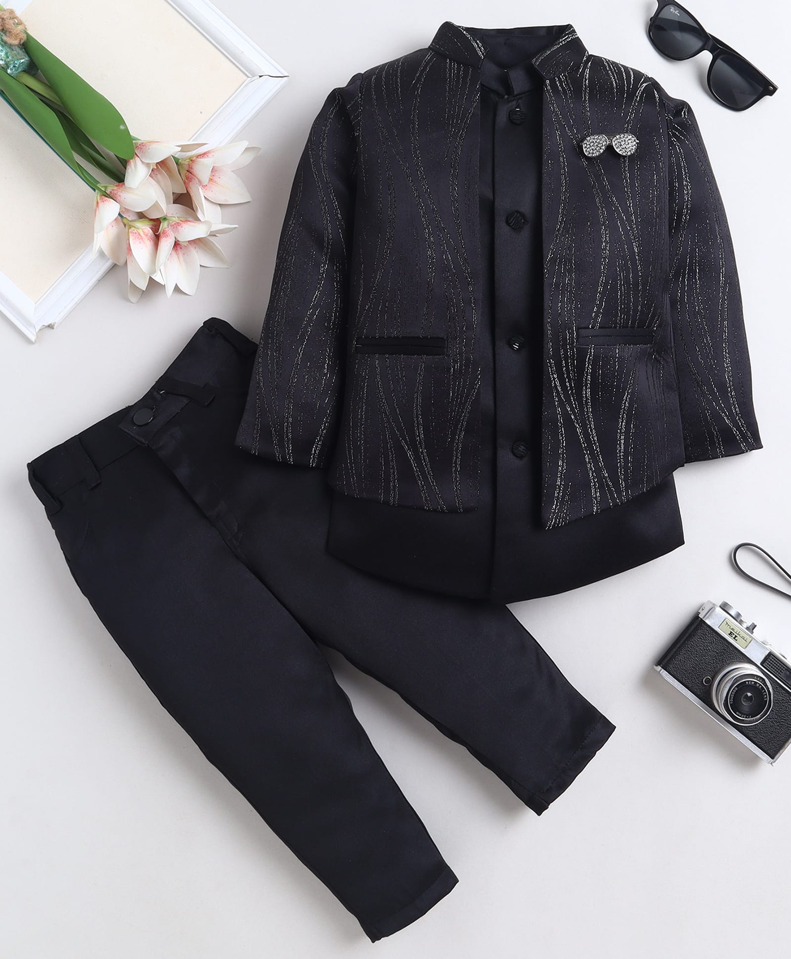 Fourfolds Woven Full Sleeves Sherwani & Trouser Set With Waves Foil Printed & Stone Embellished Sunglasses Applique Detailed Jacket - Black-image-24