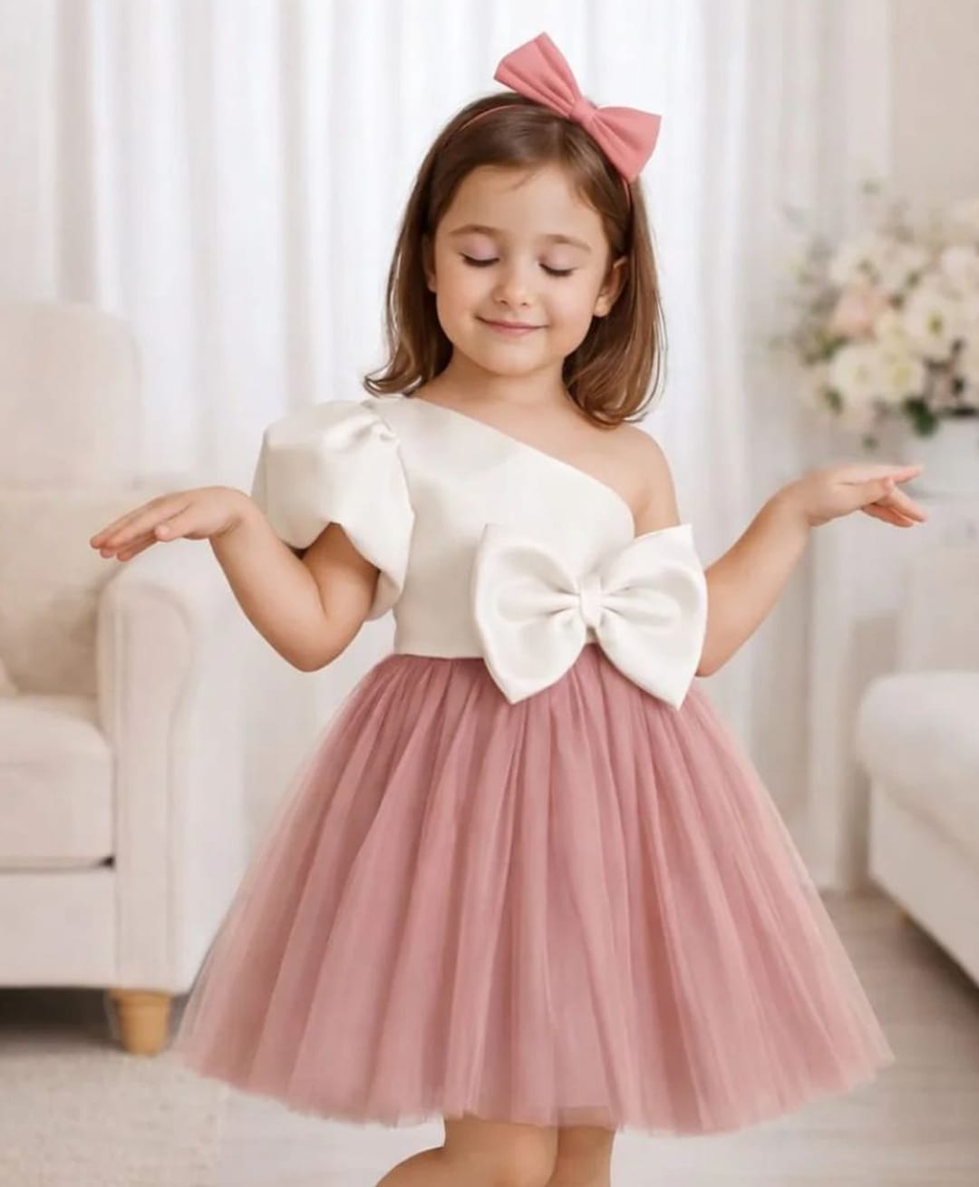 Foreverkidz Cotton Silk One Shoulder Bow Applique Detailed Dress - Dusty Pink-image-19