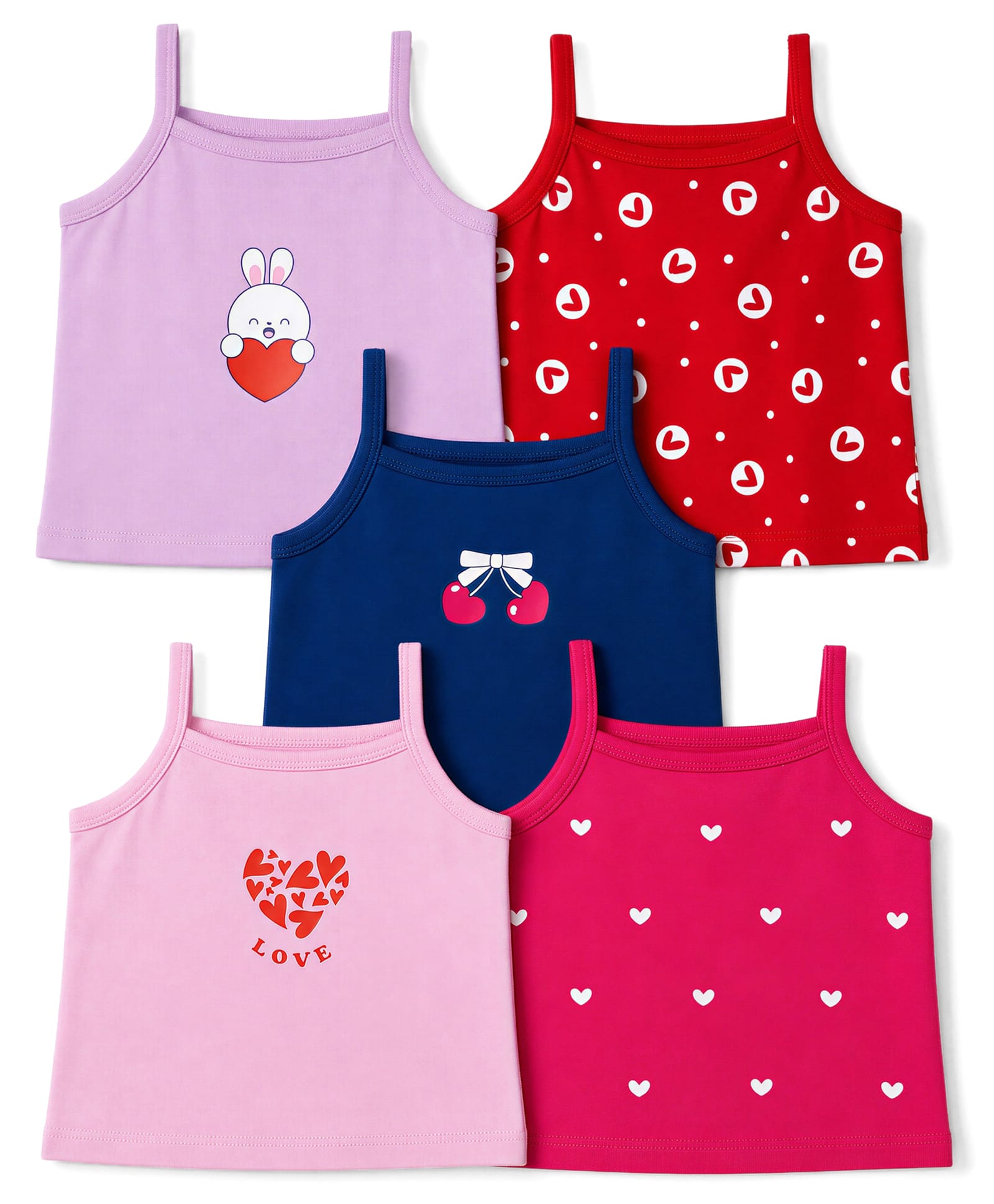 Doodle Poodle 100% Cotton Single Jersey Knit Sleeveless Slips with Bunny & Heart Print Pack of 5 - Pink Navy & Red-picture-19