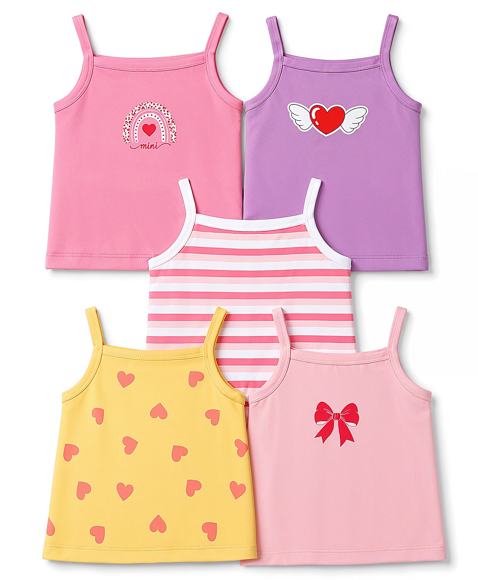 Doodle Poodle 100% Cotton Single Jersey Knit Sleeveless Striped Slips With Heart & Bow Printed Pack of 5 - White, Yellow, Purple, Pink & Light Pink-picture-19