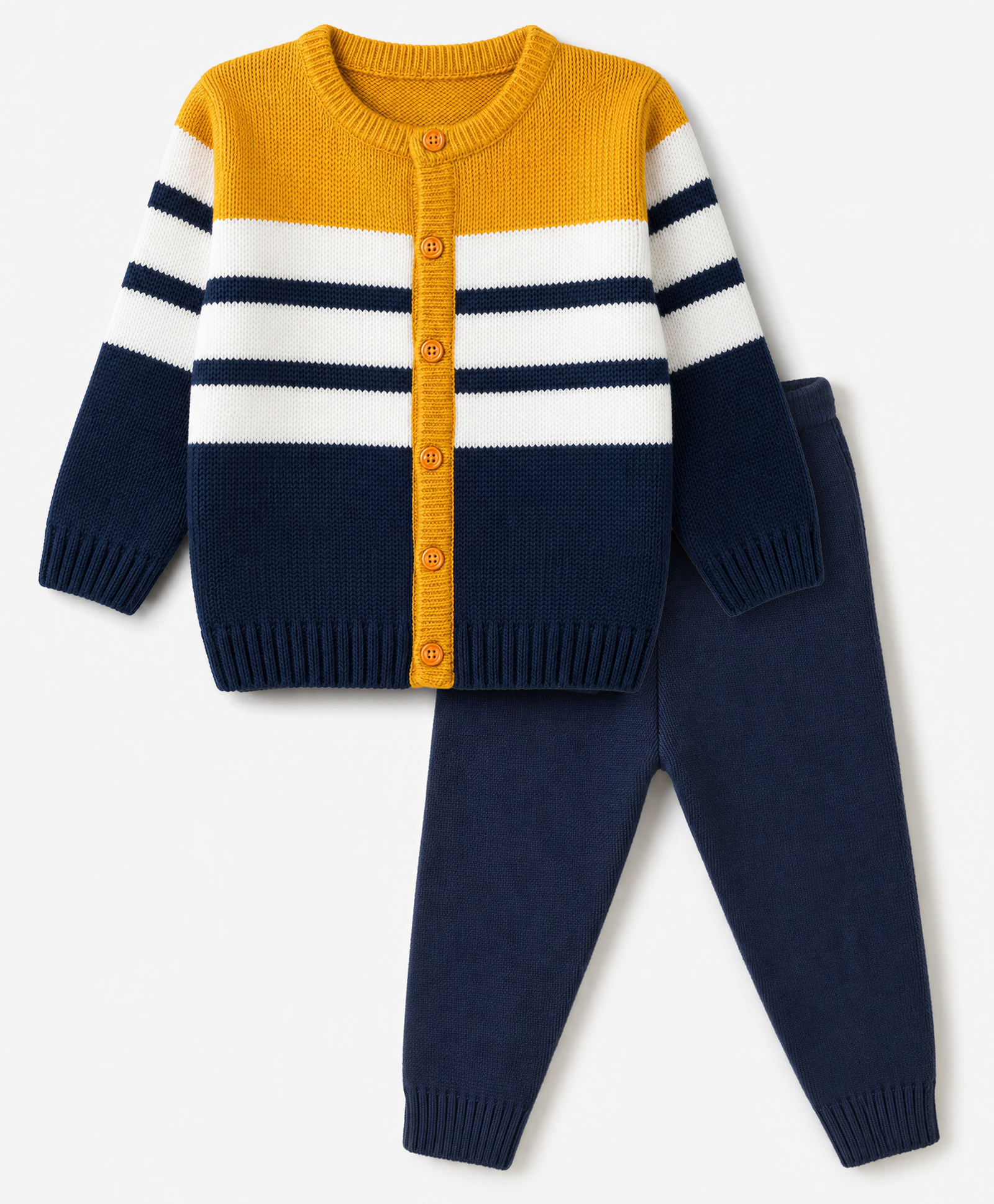Babyhug Knit Full Sleeves Striped Sweater Set - Mustard & Navy Blue-image-39