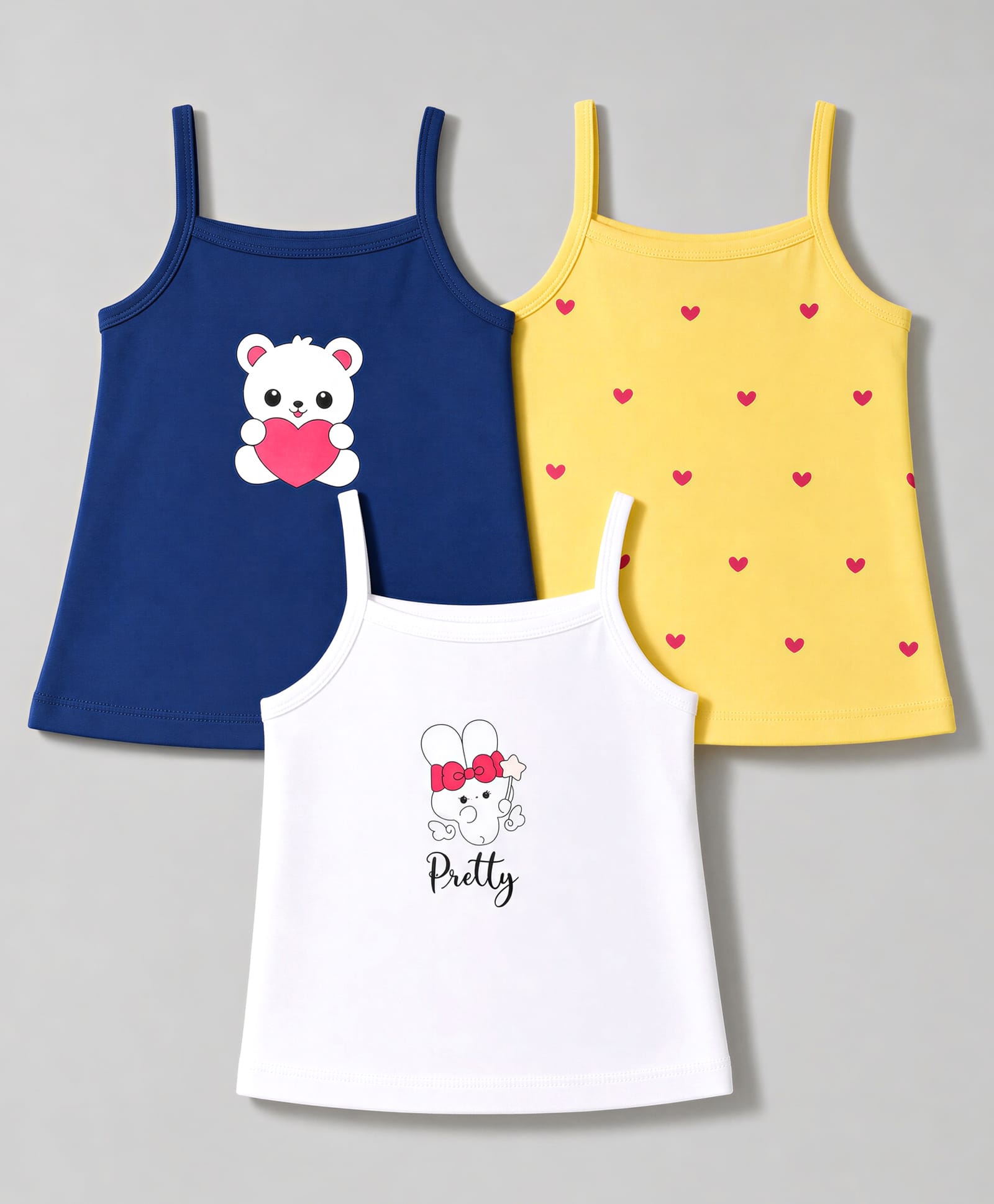 Doodle Poodle 100% Cotton Single Jersey Knit Sleeveless Slips with Bear & Heart Print Pack of 3 - White Navy Yellow-picture-20