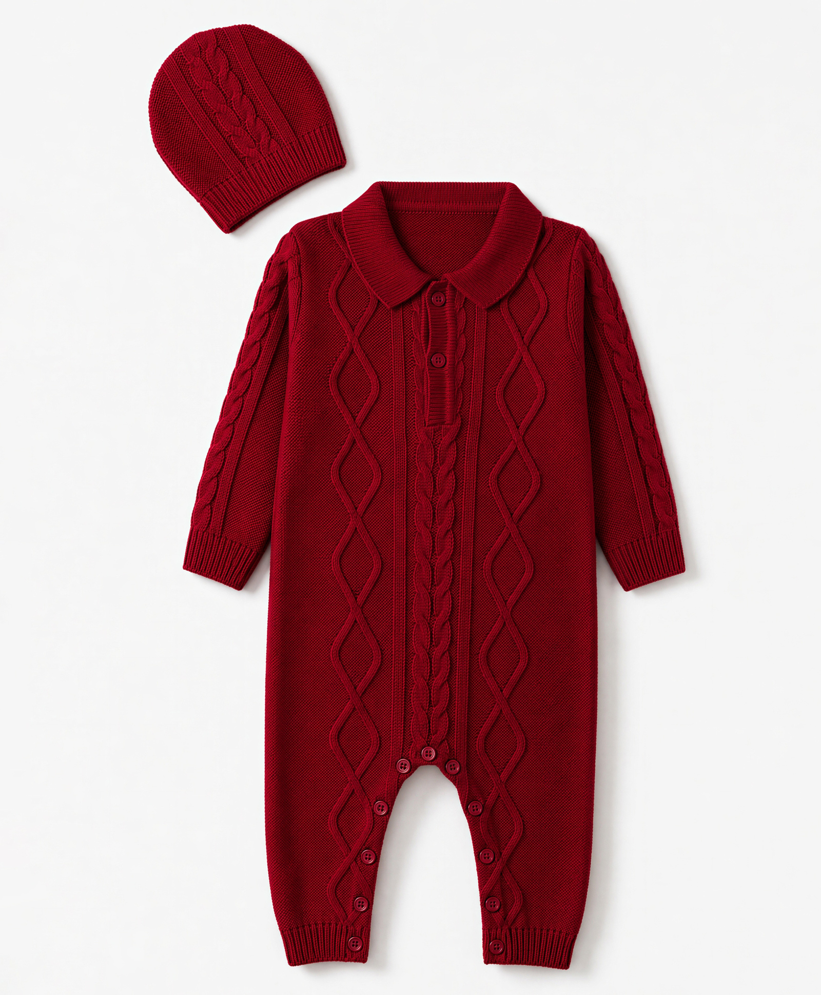 Babyhug Knit Full Sleeves Hooded Winter Wear Romper With Cable Knit Design & Cap -Red-image-31