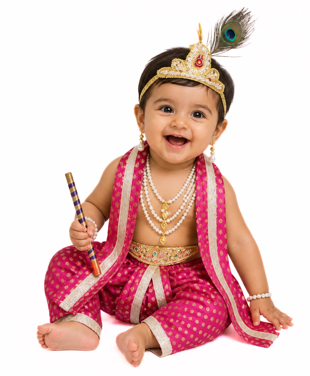Itsmycostume Lord Krishna Costume Set With Crown Earrings Mala & Shela - Pink-image-8