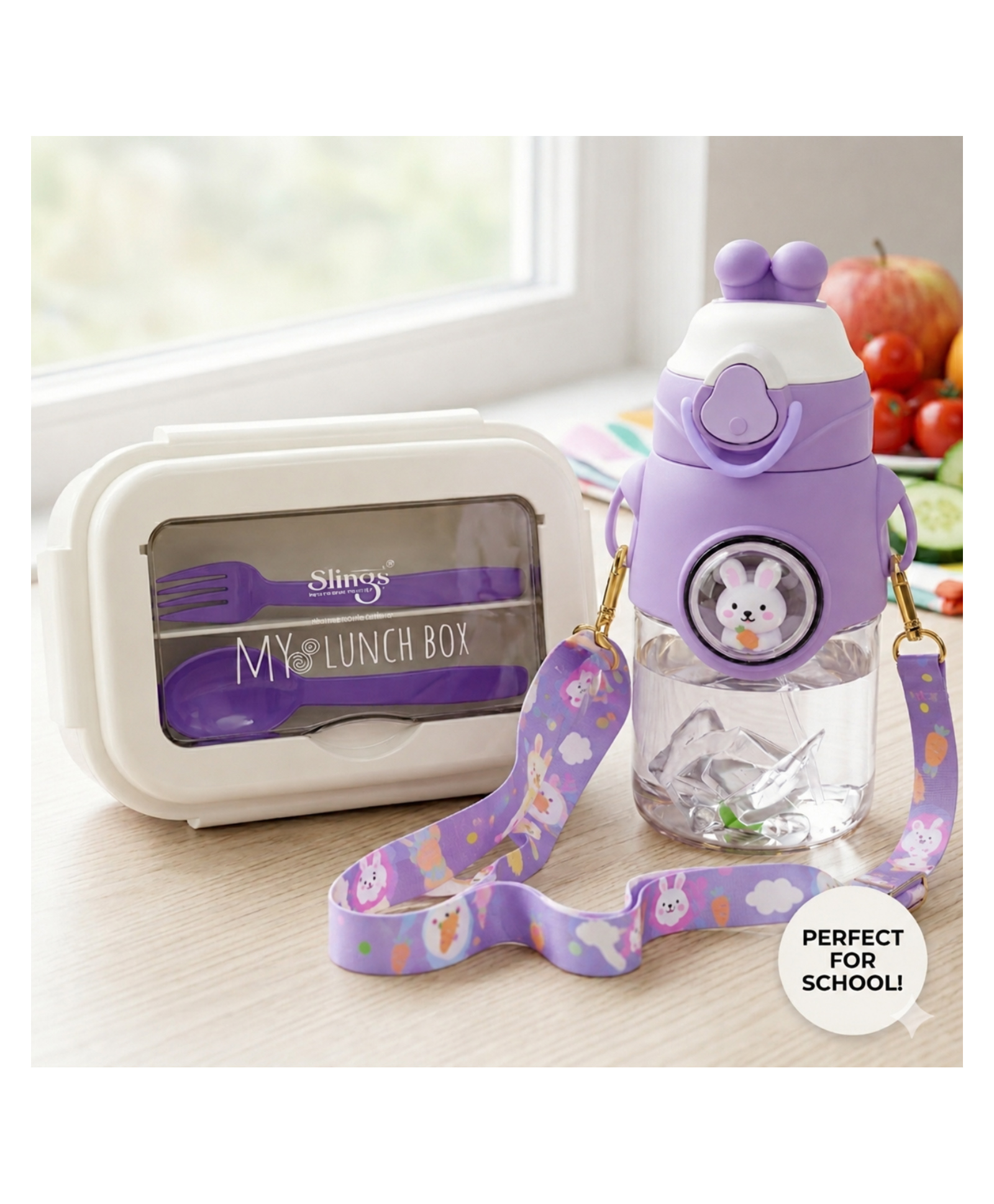 Paper Moon BPA-Free Leak Proof Lunch Box 900ml Tiffin Set with Container Spoon and Fork for Kids and Rabbit Water Bottle Push Lock Sipper with Strap 500ml Perfect School & Outdoor -Color may vary-image-19