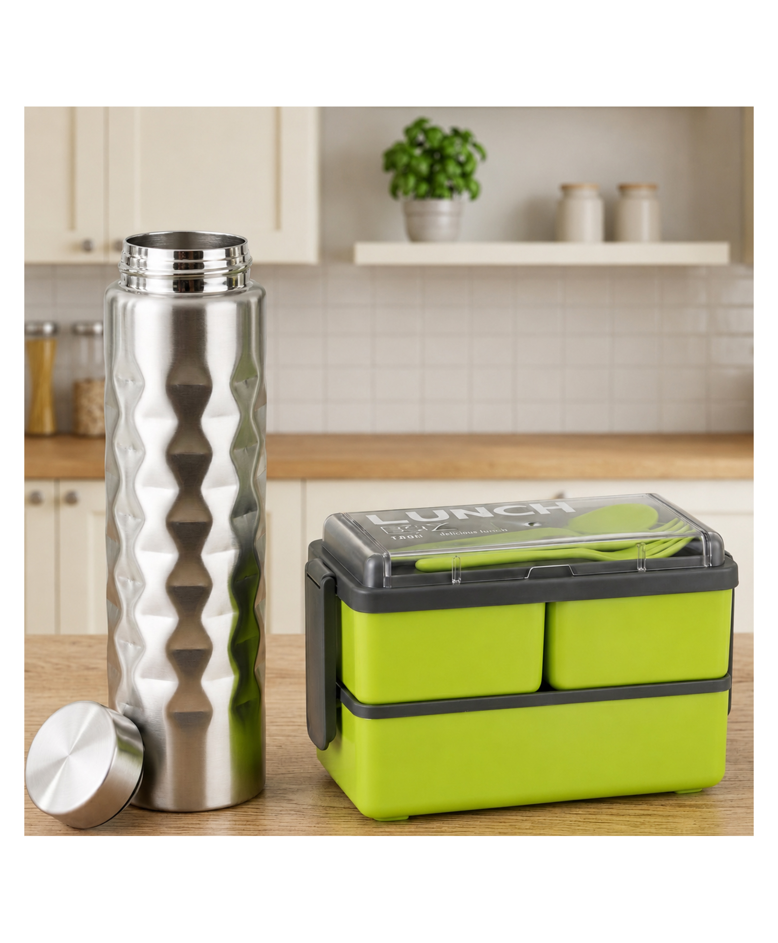 Paper Moon 1400ml Bento Lunch Box 3 Container Tiffin Set with Spoon and Fork for Kids and Stainless Steel Wide Neck Water Bottle for Home Office Travel 1000 ml - color may vary-image-5