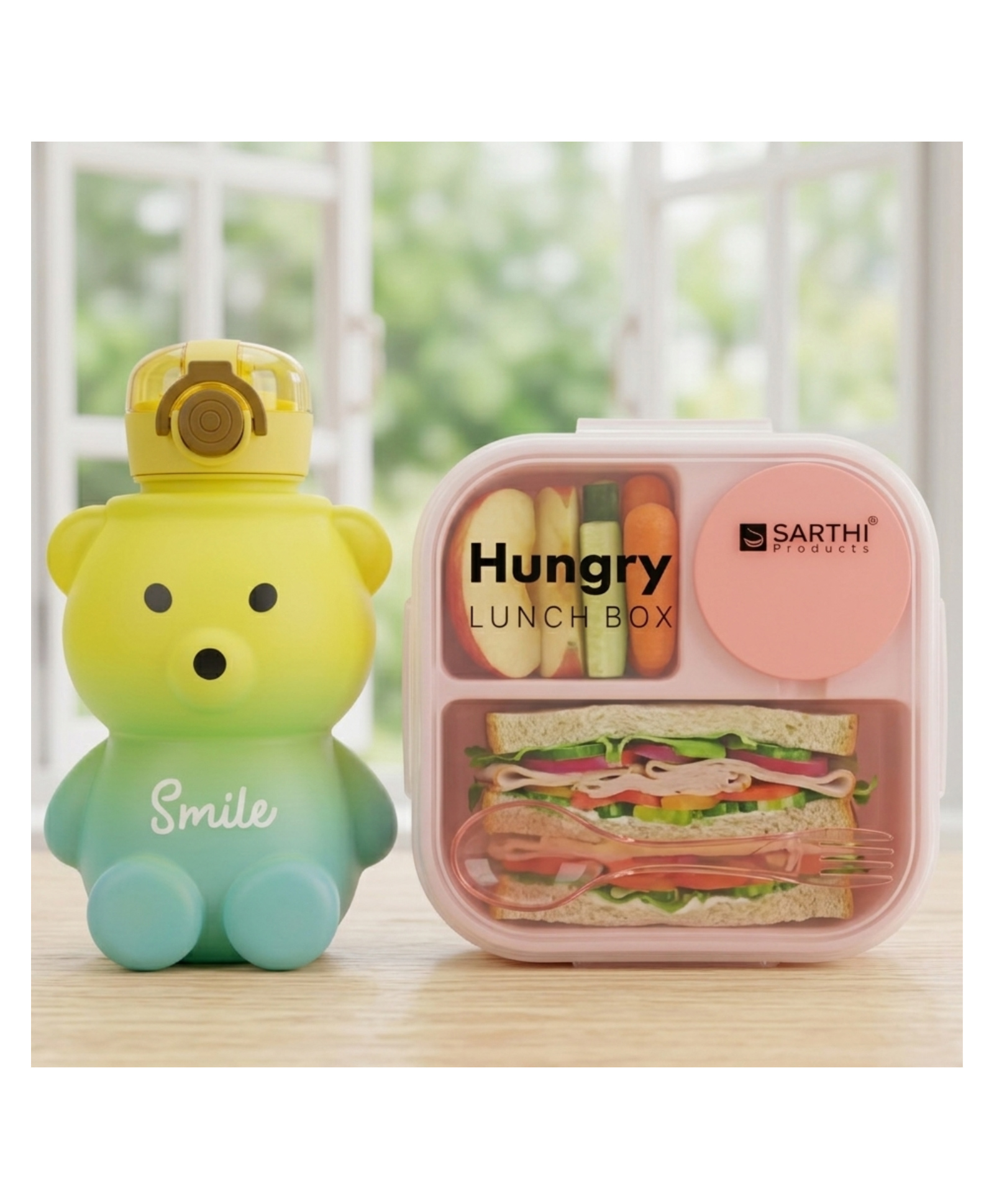 Paper Moon 3-compartment BPA-Free Leak Proof Lunch Box Tiffin Set with Spoon & Fork for Kids and 800ml Bear Shape Push Lock Water Bottle in-built Straw & Strap For School & Outdoor - color may vary-image-9