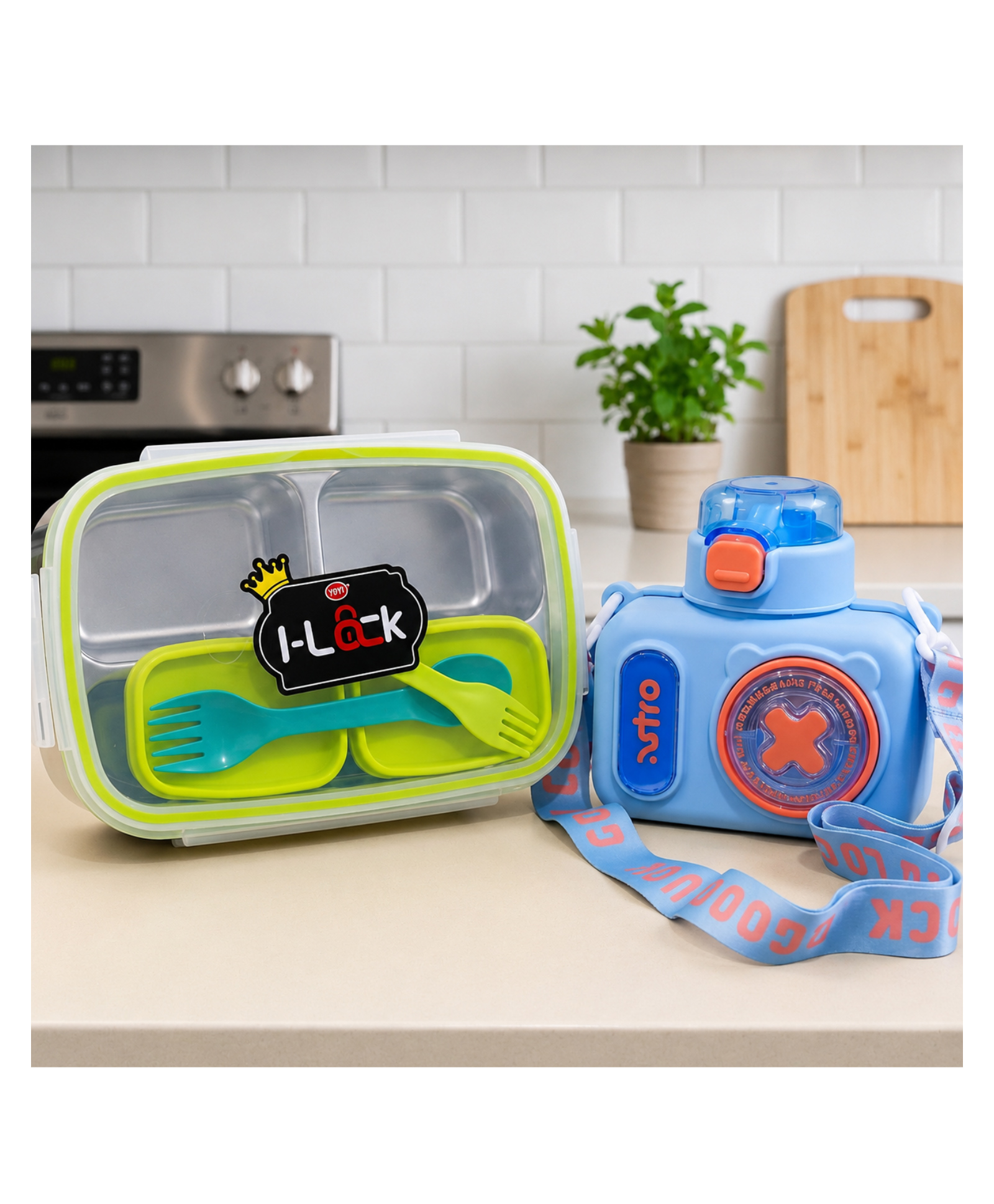Paper Moon Lock & Seal Lunch Box Tiffin Set Containers and 2in1 Spoon Fork and Camera Shaped 600ml BPA-Free Leak Proof Water Bottle Sipper for Kids Perfect School & Outdoor - Color May Vary-image-15