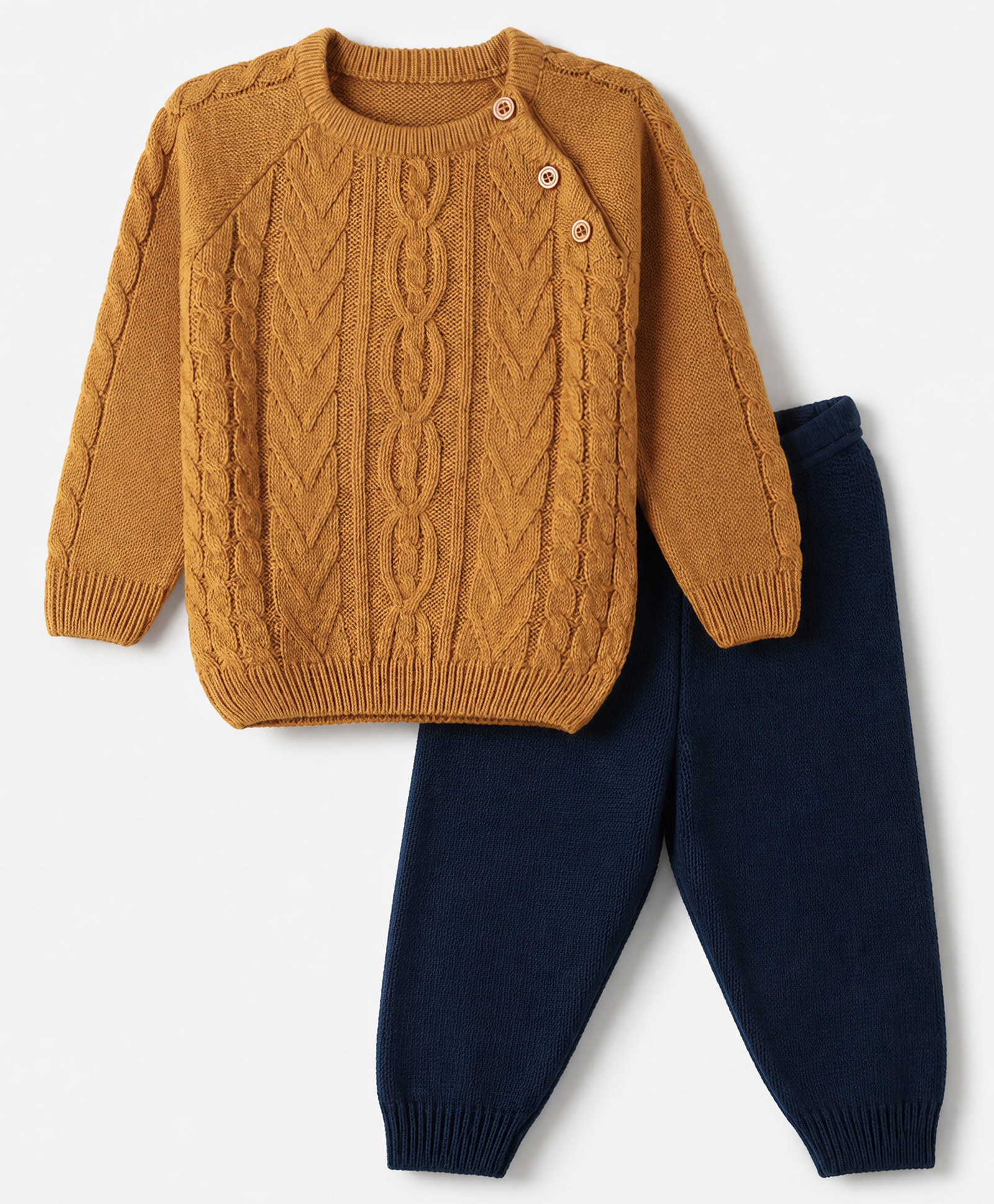 Babyhug Knit Full Raglan Sleeves Sweater Set With Cable Knit Design - Mustard & Navy Blue-picture-22