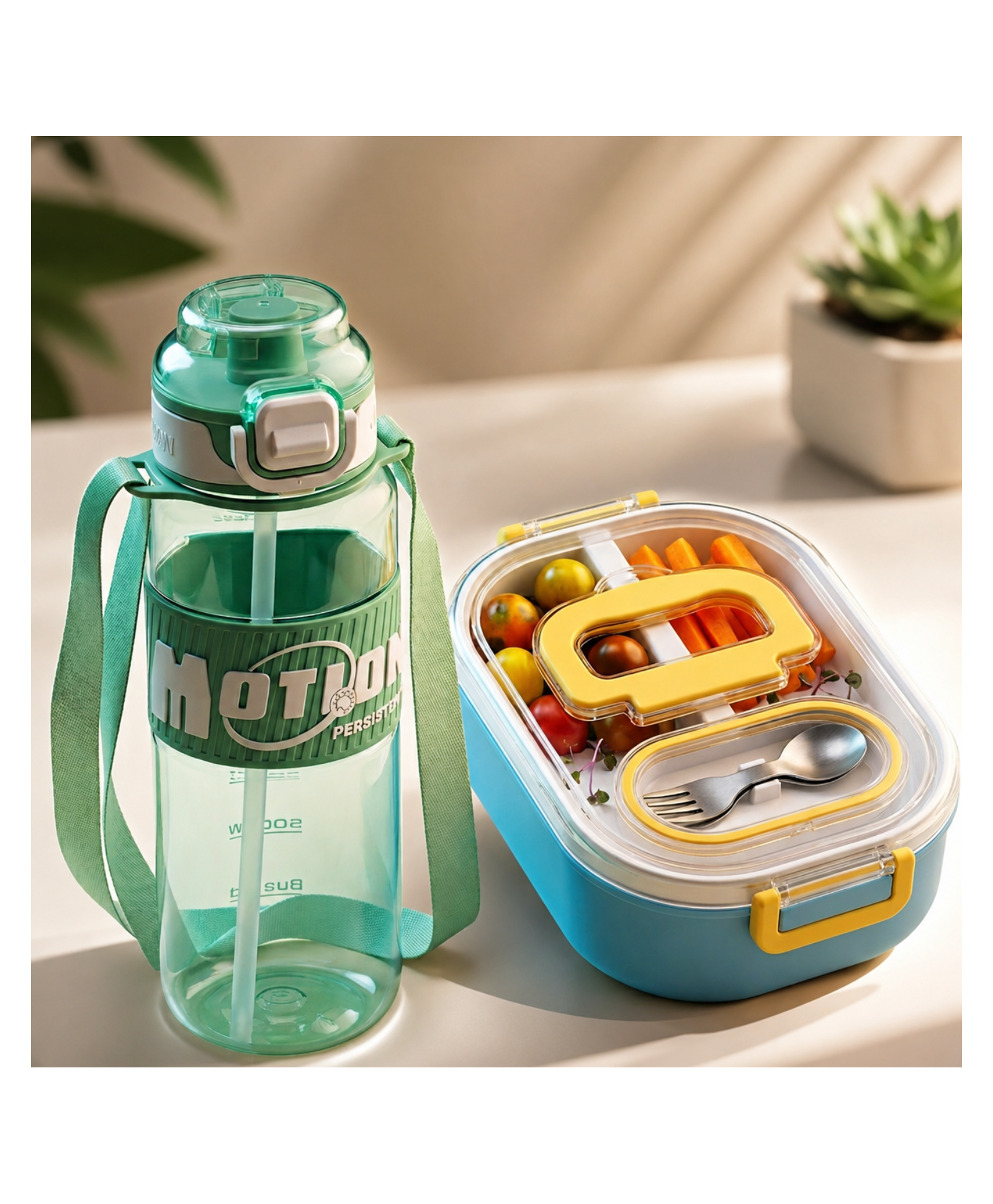Paper Moon Bento Lunch Box with Spoon & Container 900ml Anti Spill Lid and Motion Sports 750ml BPA-Free Leak Proof Push Lock Water Bottle Sipper for Kids School College Office - Color May Vary-image-45