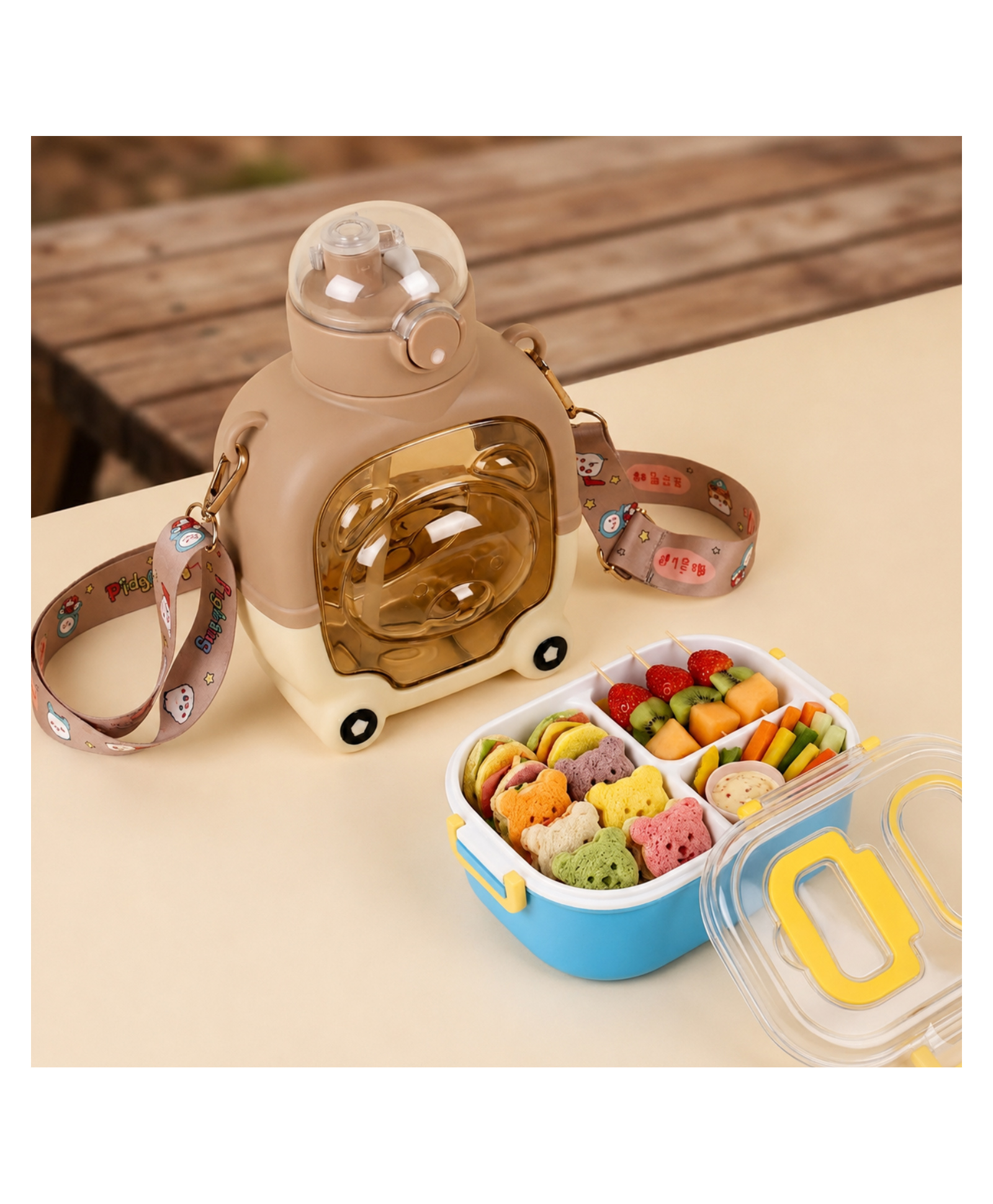 Paper Moon Lunch Box with 1 Spoon Anti Spill Lid BPA Free and Bear Shape Leak-proof Push Lock Water Bottle with in-built Straw and Strap 1000ml Capacity for Kids - Color May Vary-image-46