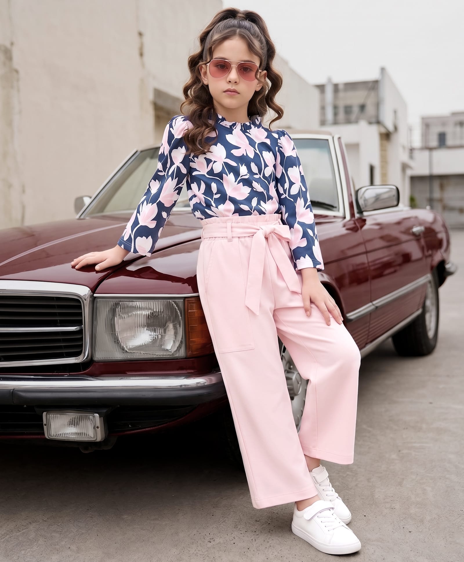 Ollington St. Cotton Sinker Knit Full sleeves Floral Printed Top & Culottes set -Blue & Pink-image-17