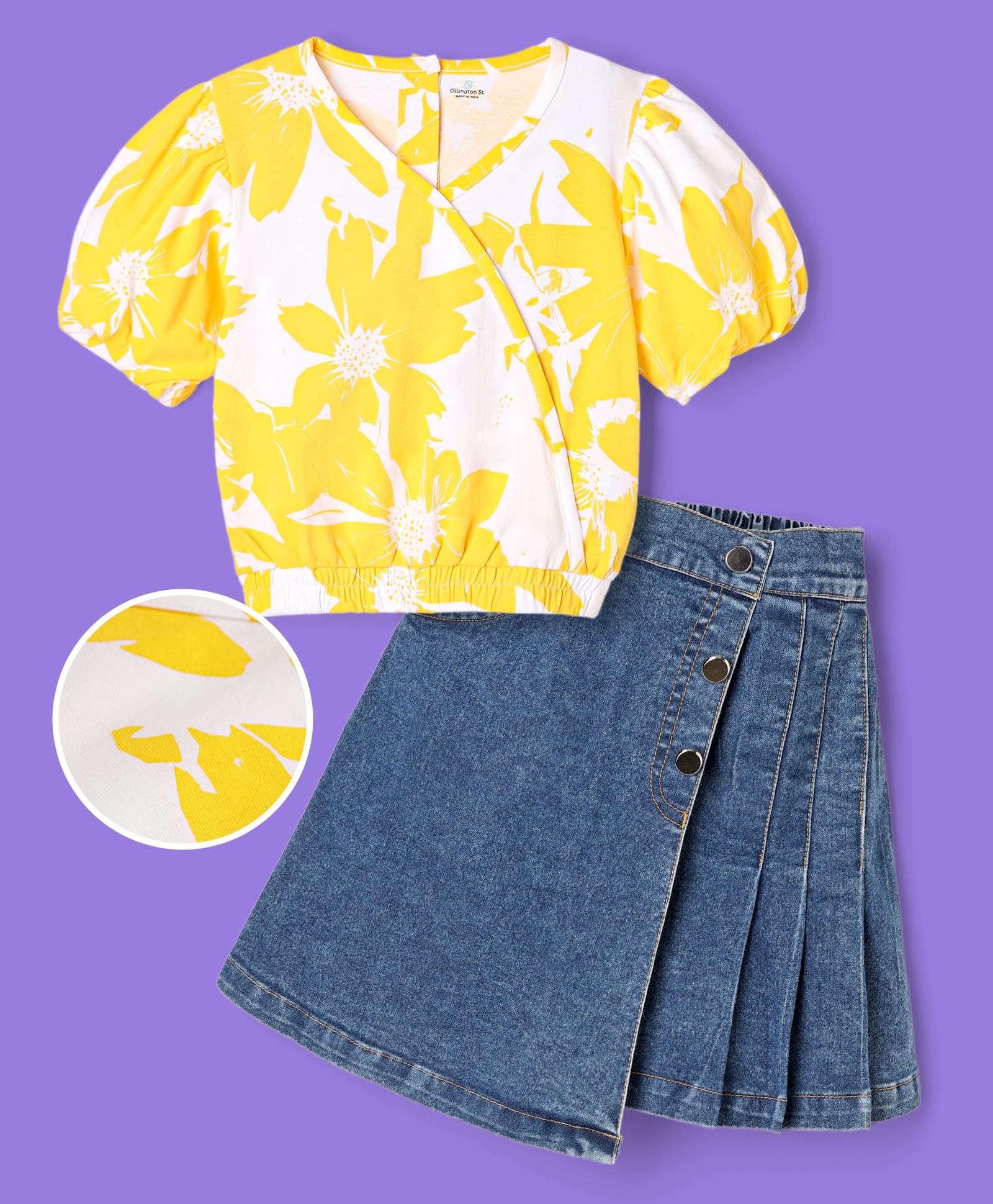 OLLINGTON ST. Half Sleeves Sinker Knit Floral Printed Top & Stretchable Denim Skirt Set - Yellow & Indigo-image-14