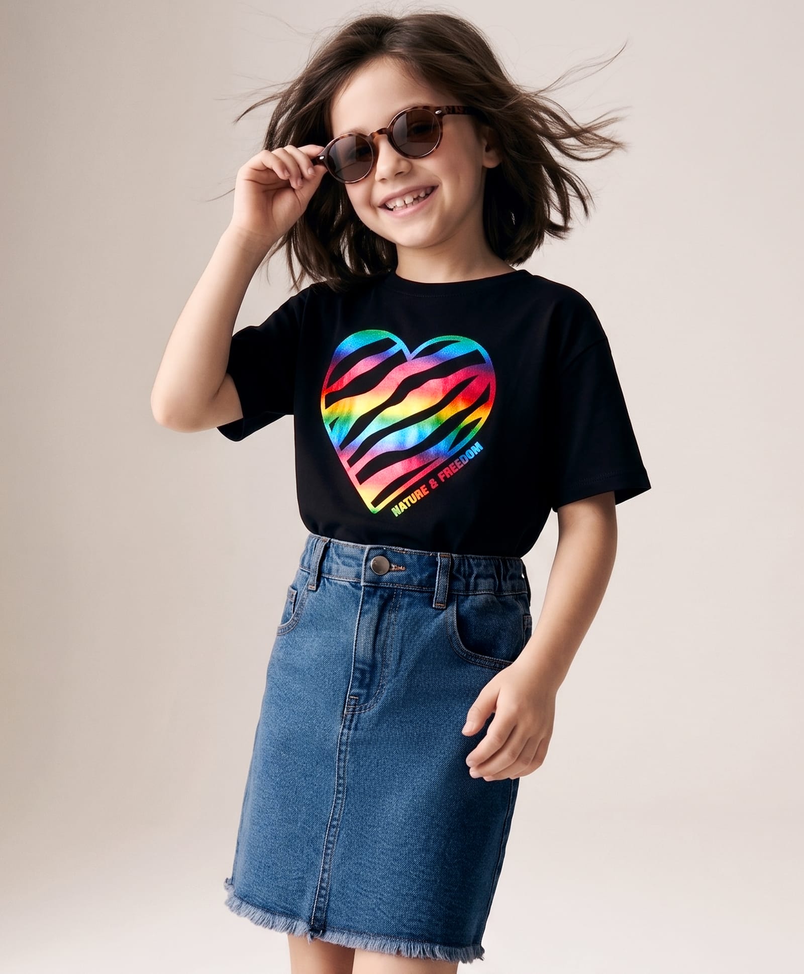 OLLINGTON ST. Sinker Knit Half Sleeves Hearts Foil Printed Top & Denim Skirt - Black & Blue-image-29