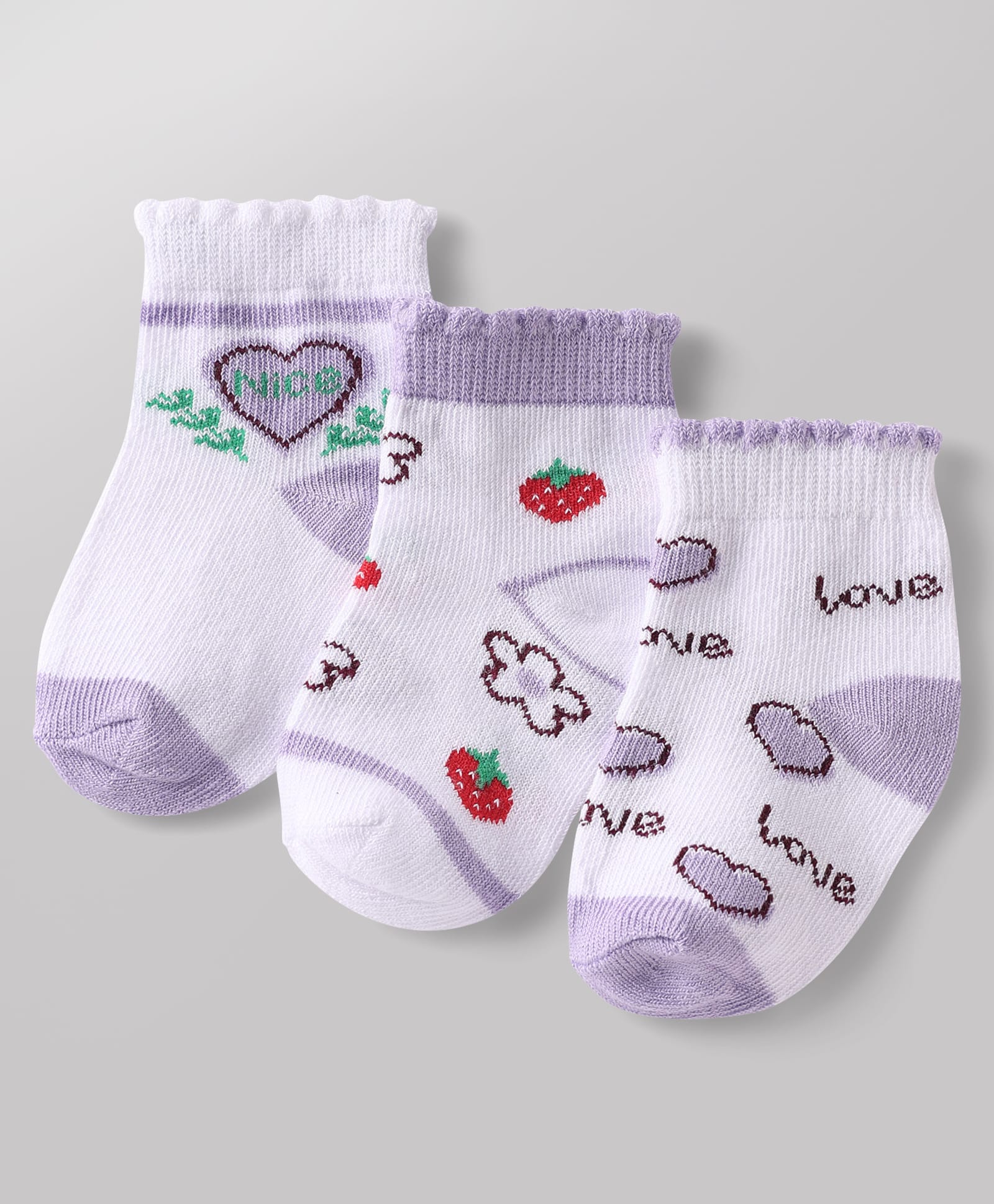 Doodle Poodle Cotton Knit Ankle Length Socks With Strawberry & Heart Design Pack of 3 - White & Lavender-image-27