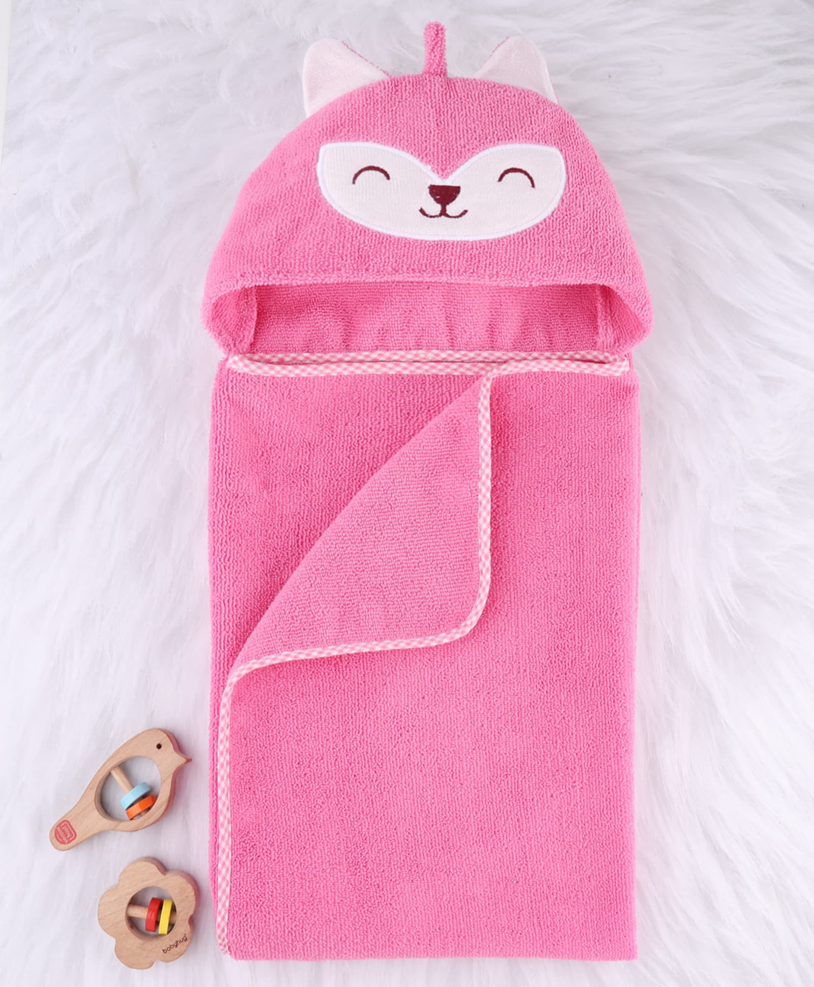 Babyhug Microfiber Cotton Knit Towel With Hood & Embroidery L 74 x B 73 cm - Pink-image-39