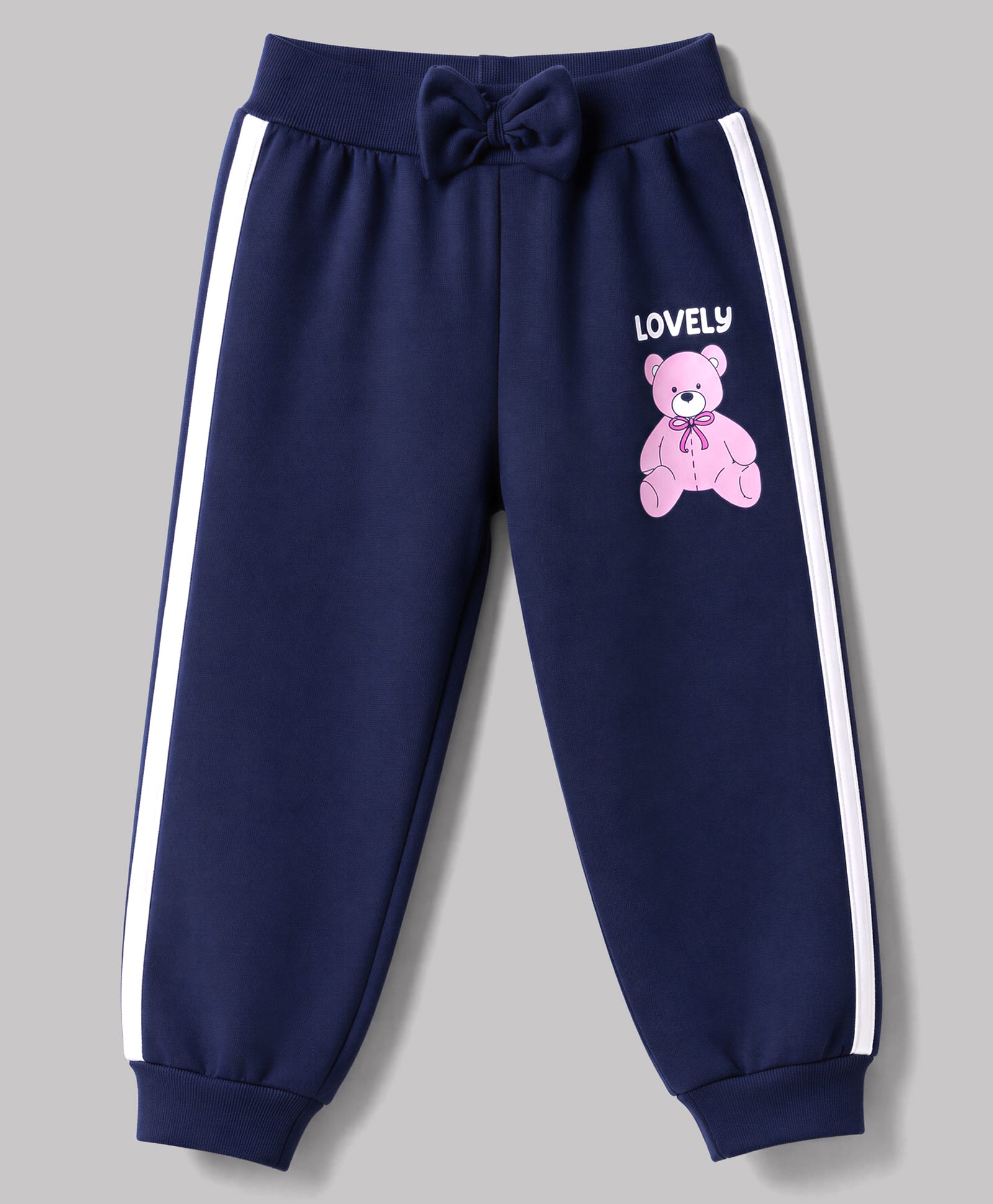 Doodle Poodle 100% Cotton Single Jersey Knit Full Length Lounge & Track Pant With Teddy Bear Print & Bow Applique - Navy Blue-picture-19