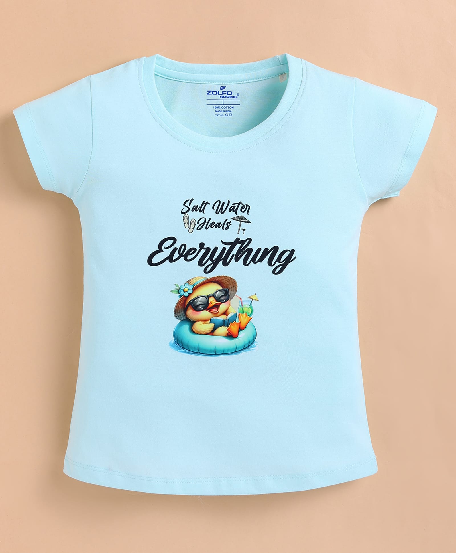 ZOLFO Cotton Knit Half Sleeves Duckling Chilling Printed Top - Ice Blue-picture-15