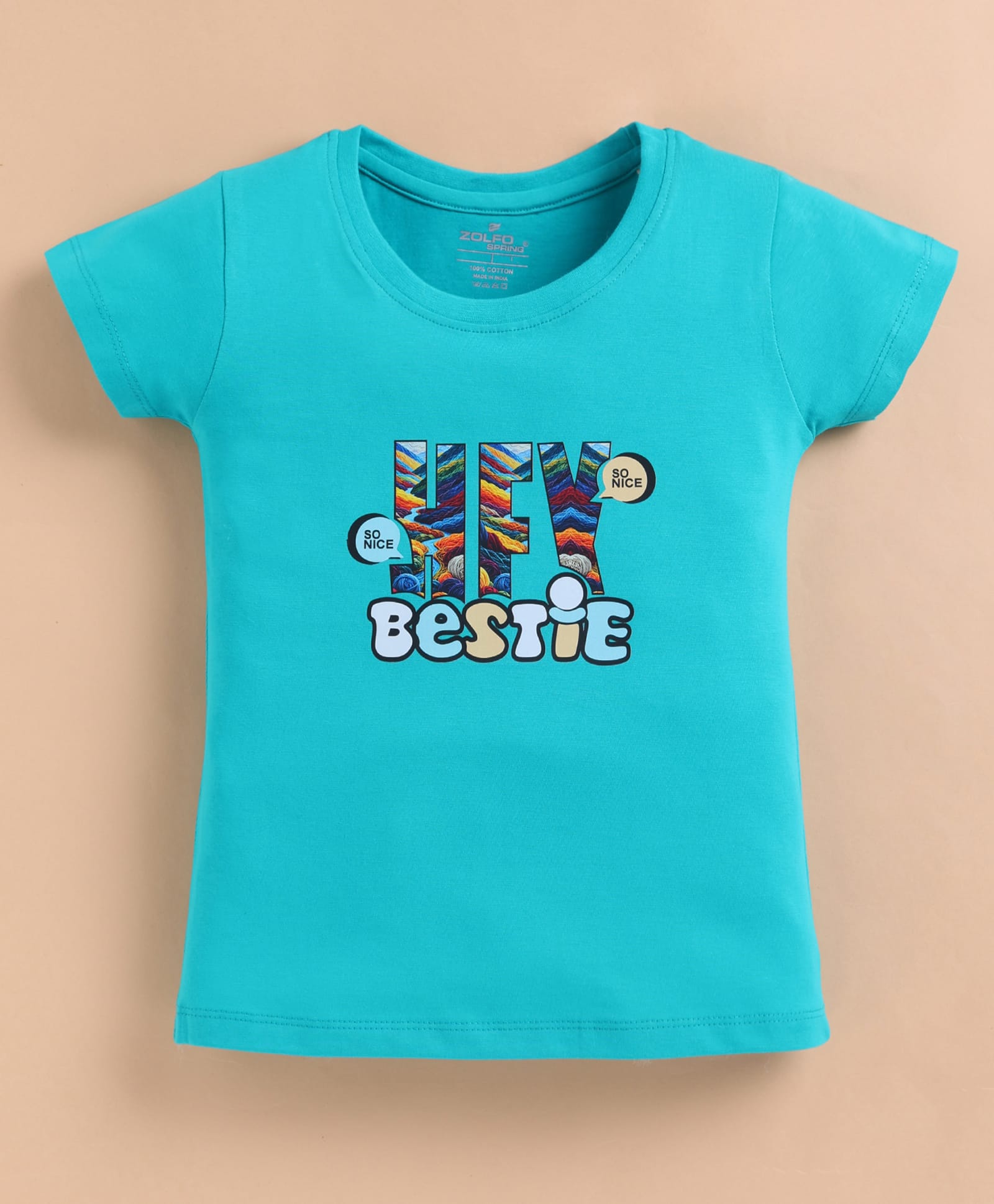 ZOLFO Cotton Knit Half Sleeves Hey Bestie Text Printed Top - Blue-picture-23