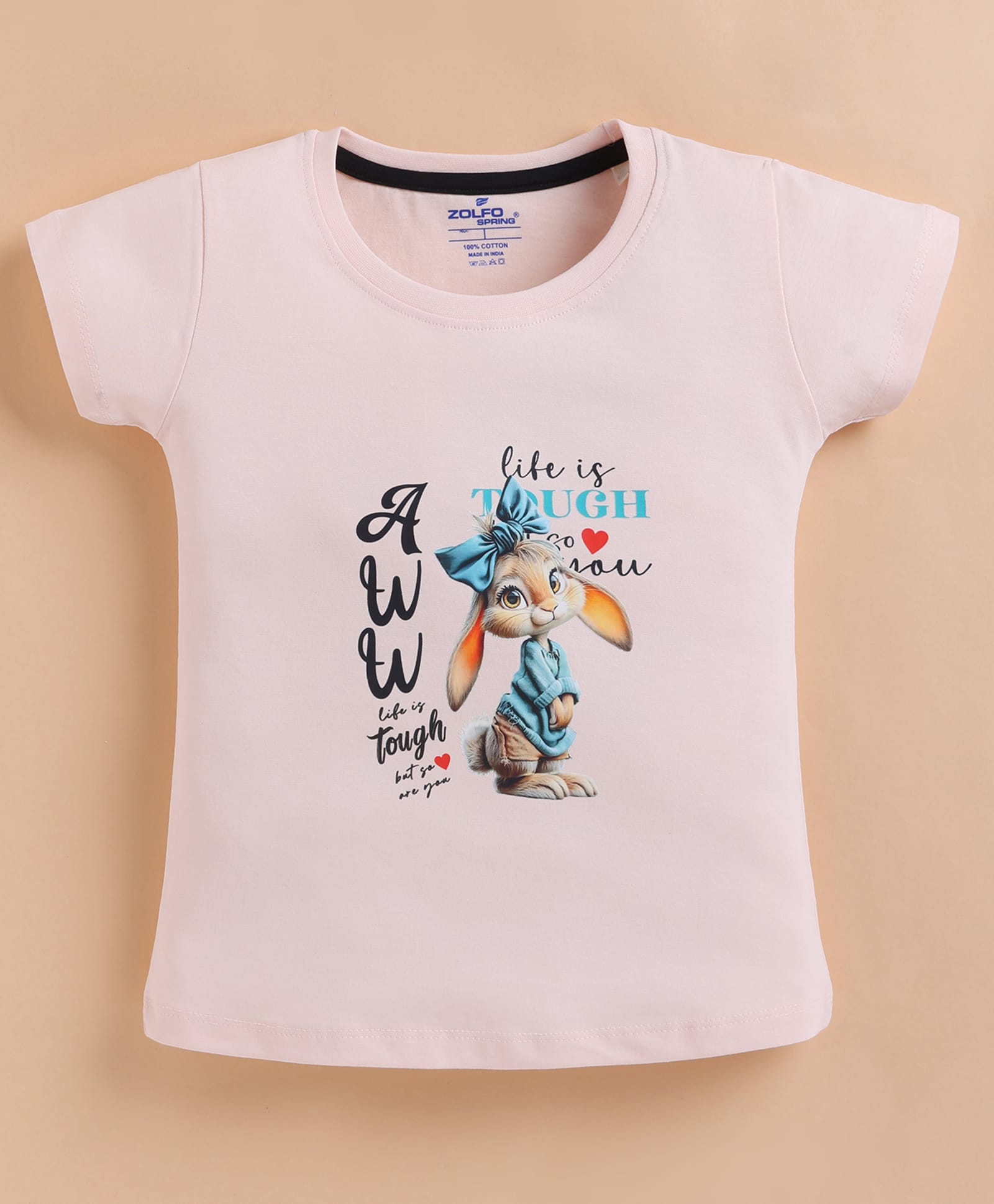 ZOLFO Cotton Knit Half Sleeves Rabbit Printed Top - Baby Pink-image-40