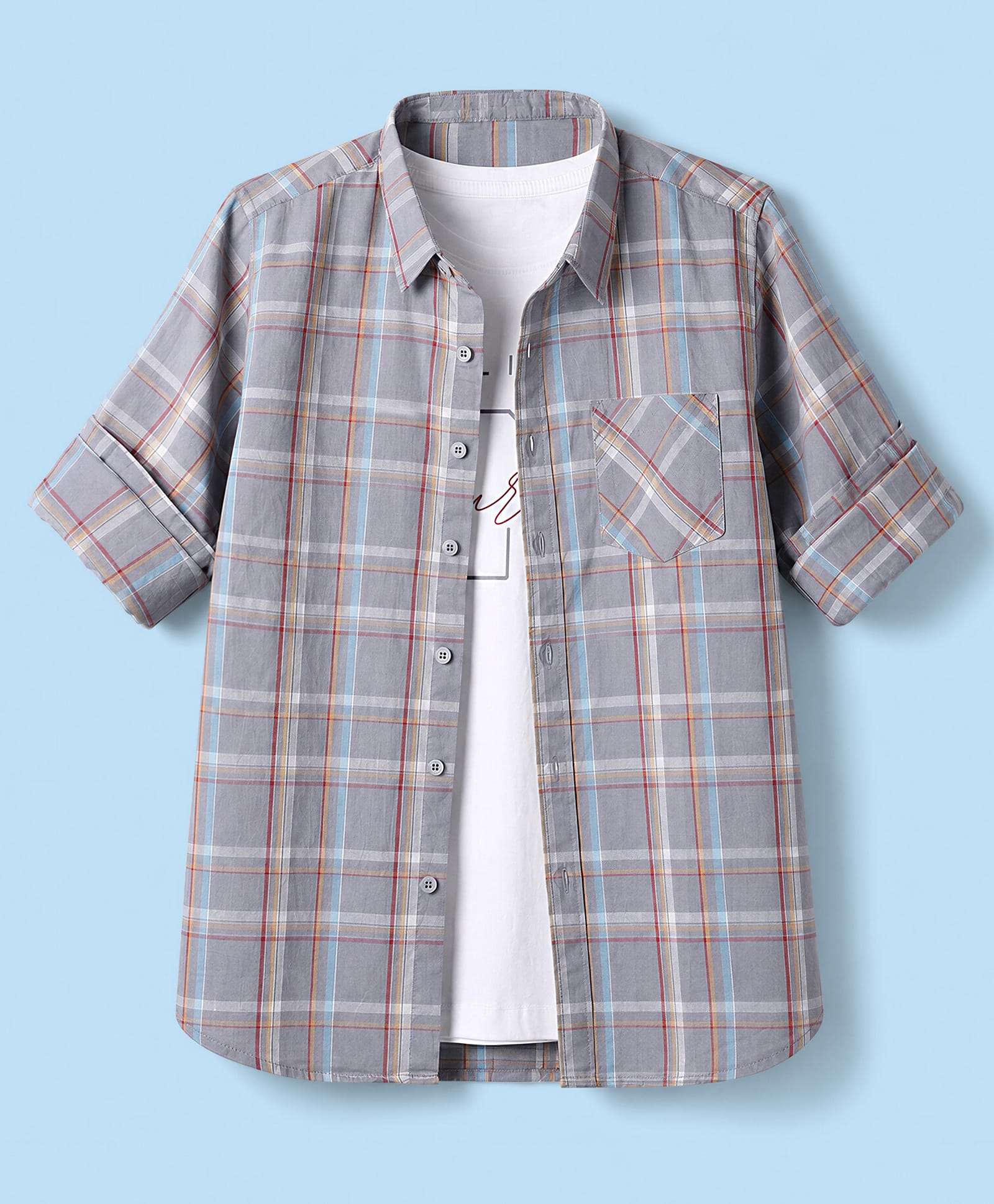 Pine Kids Cotton Woven Full Sleeves Checked Shirt With Text Printed Tank T-Shirt - Grey-picture-13