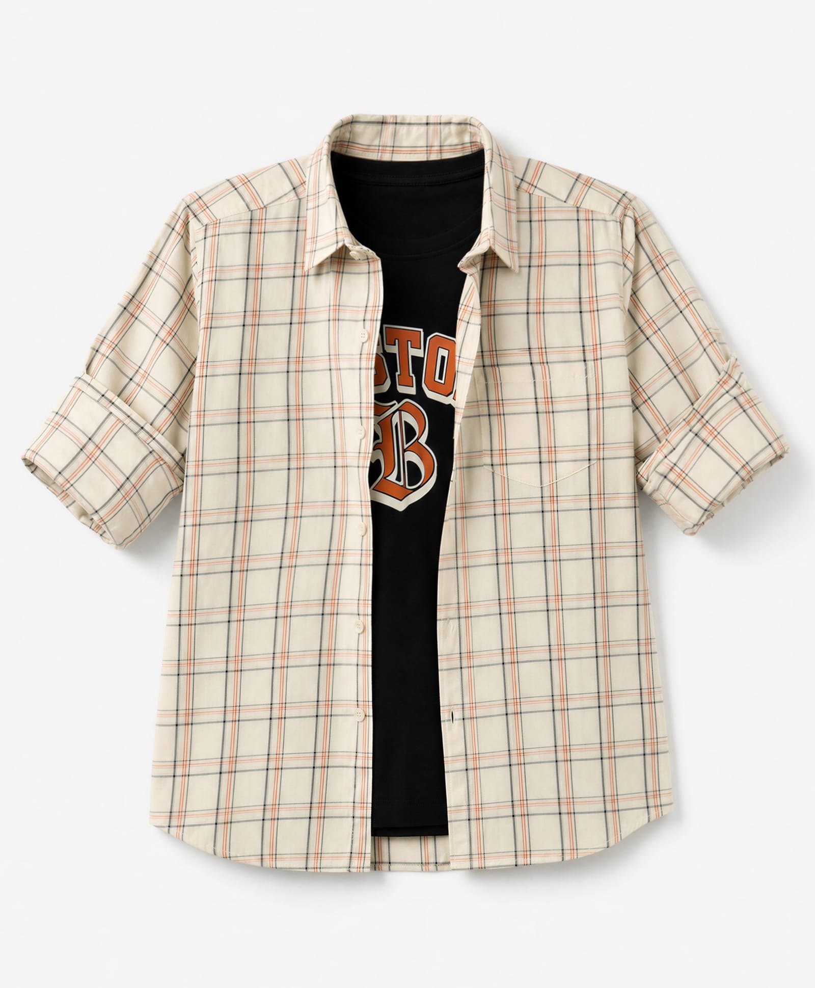 Pine Kids Cotton Woven Checks Shirt and T-Shirt with Full Sleeves and Boston Print - Cream-image-33