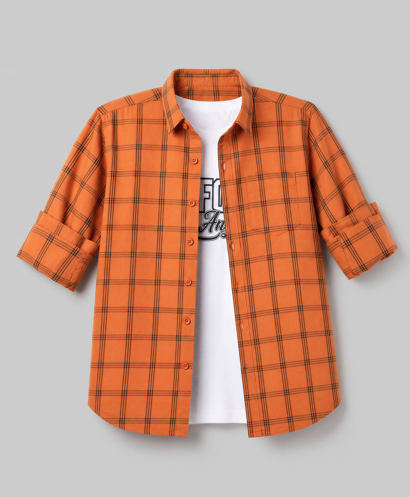 Pine Kids Cotton Woven Checks Twofer Shirt with Text Print - Rust Orange-image-41
