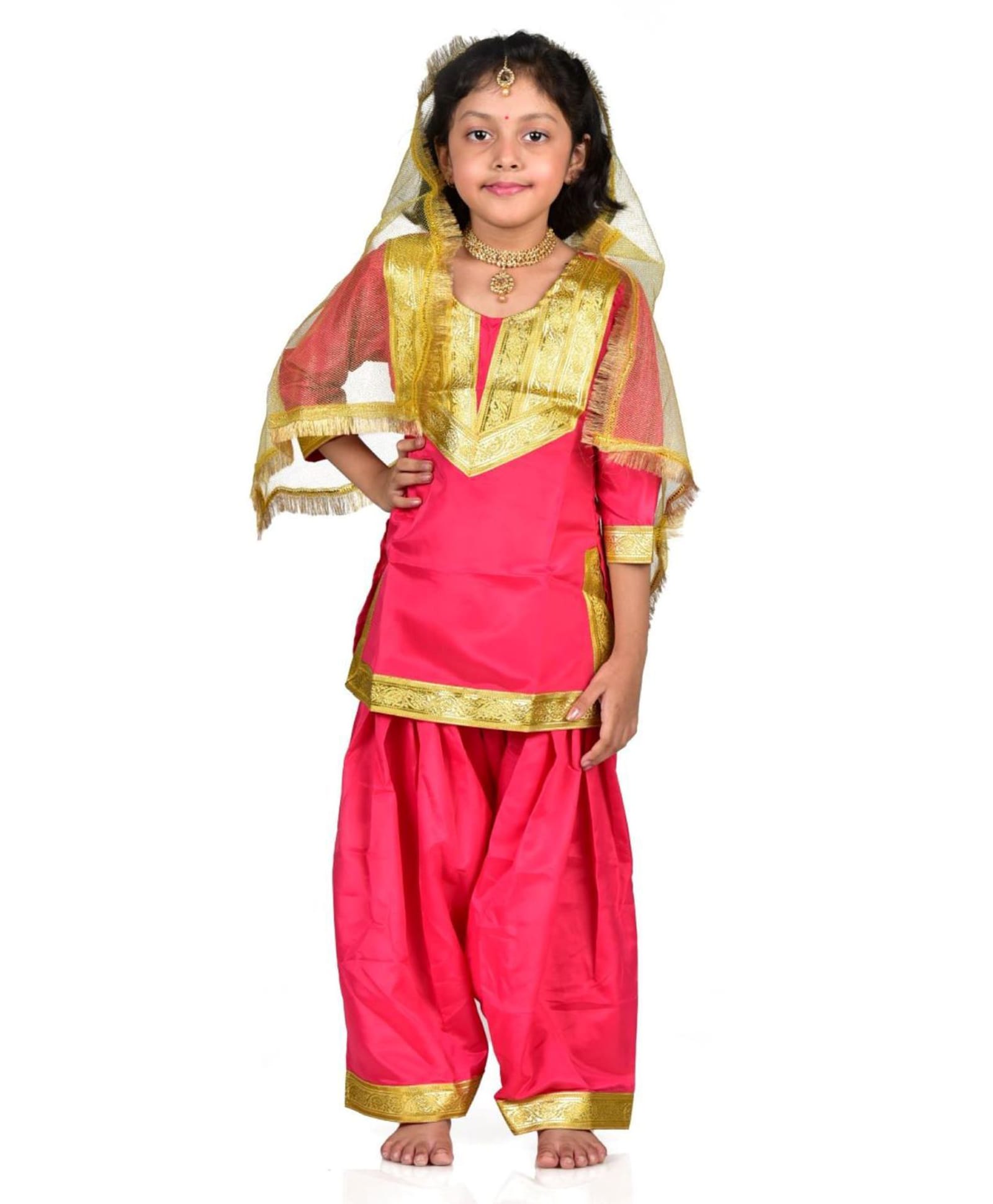 BookMyCostume Woven Three Fourth Sleeves Punjabi Giddha Theme Costume Set With Jewellery - Pink & Golden-image-43
