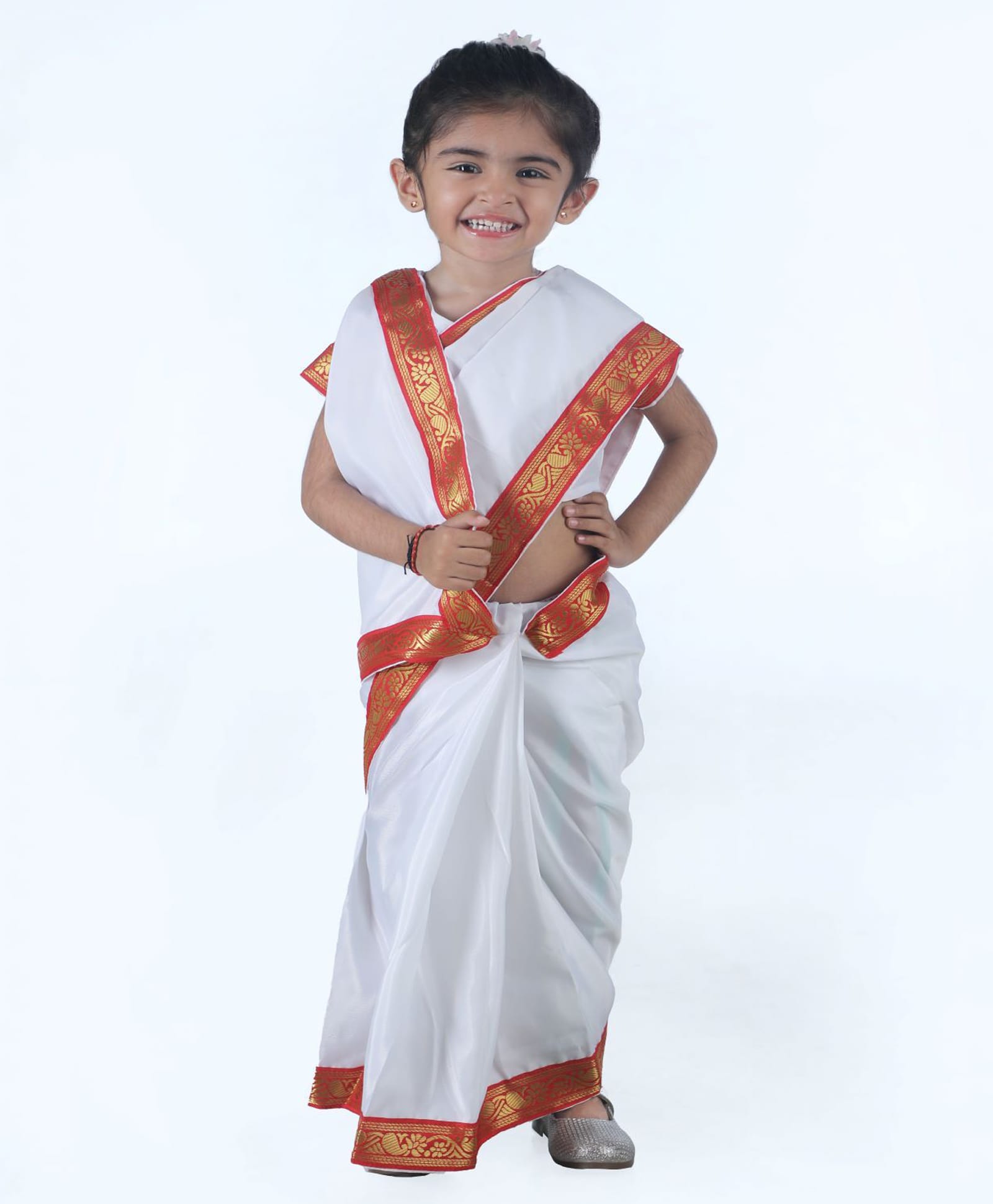 BookMyCostume Woven Half Sleeves Bengali Saree Costume Set - White & Red-image-2