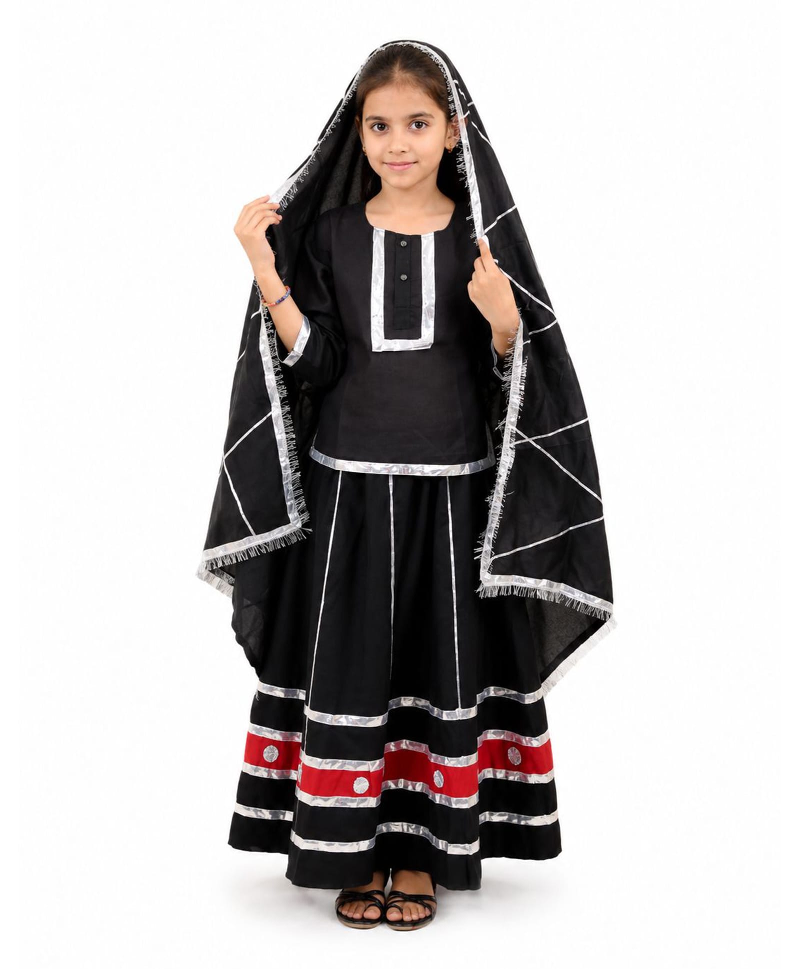 BookMyCostume Woven Three Fourth Sleeves Lace Embellished Banjara Costume Set - Black-image-42