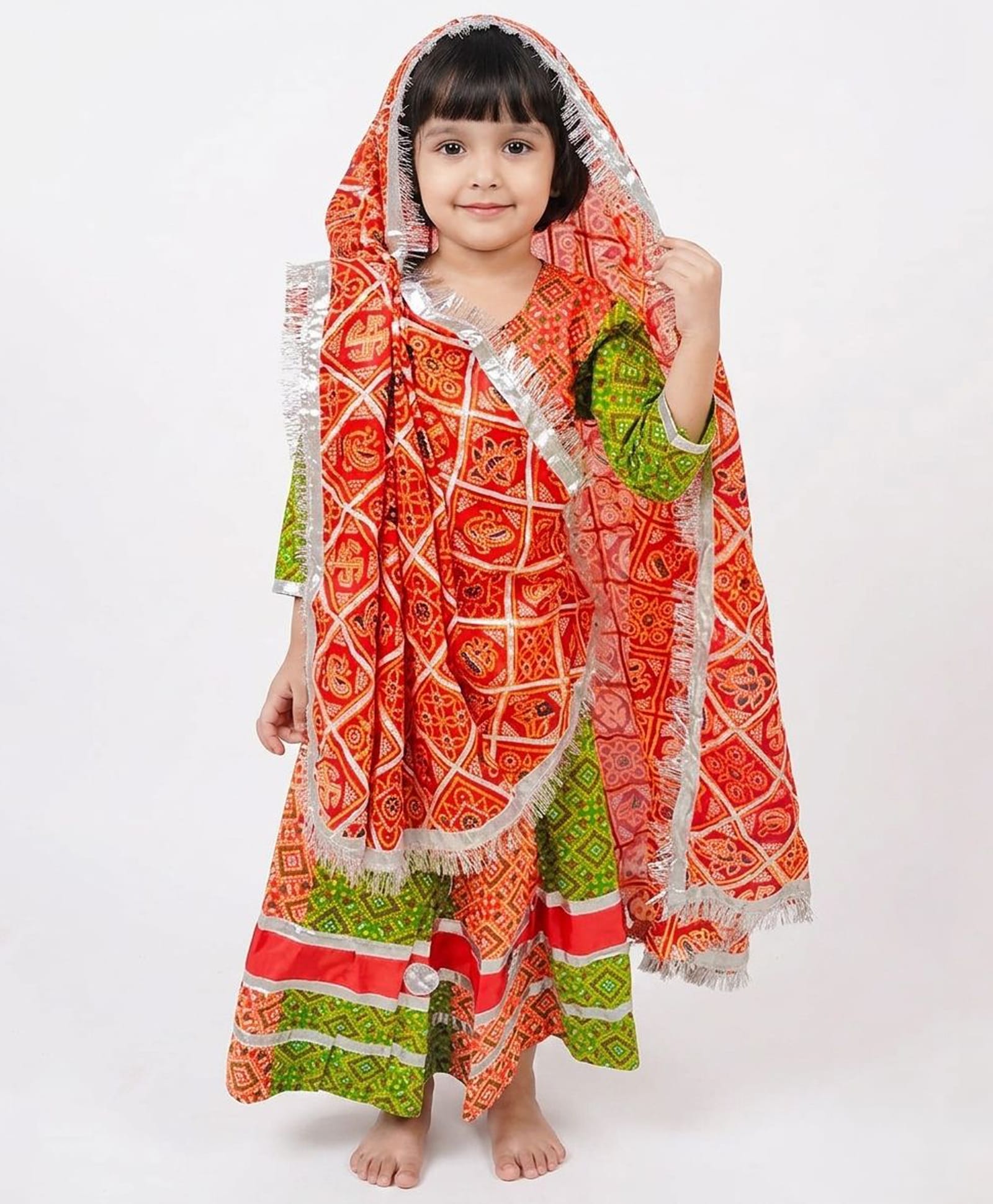 BookMyCostume Woven Three Fourth Sleeves Abstract Printed Rajasthani Theme Costume Set - Red & Green-image-34