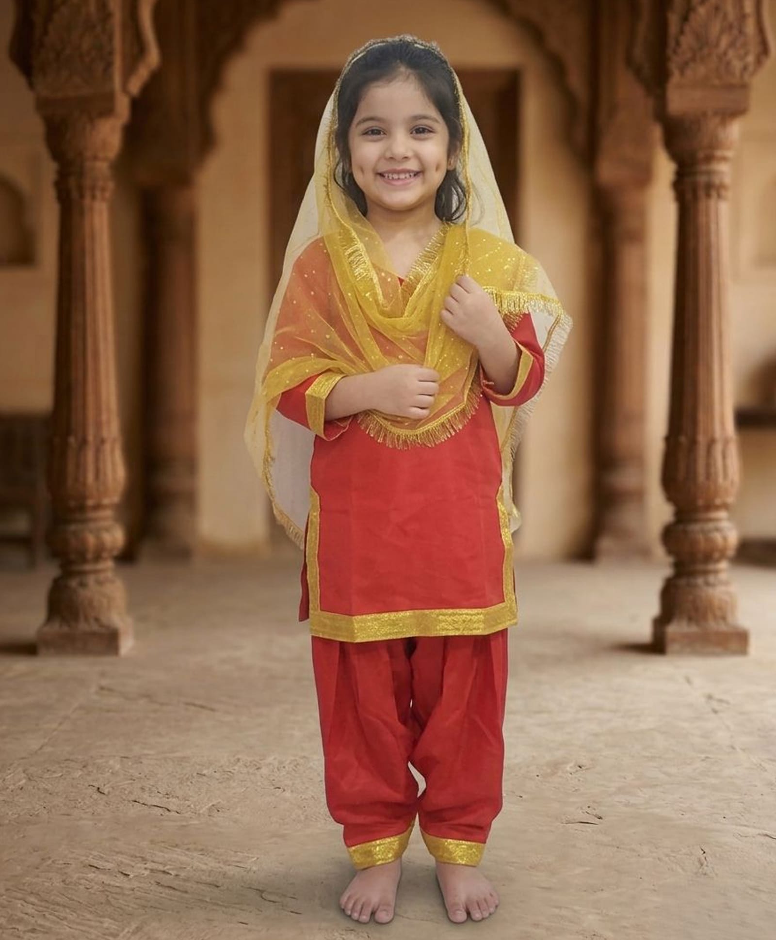 BookMyCostume Woven Three Fourth Sleeves Punjabi Giddha Theme Costume Set - Red & Golden-image-49