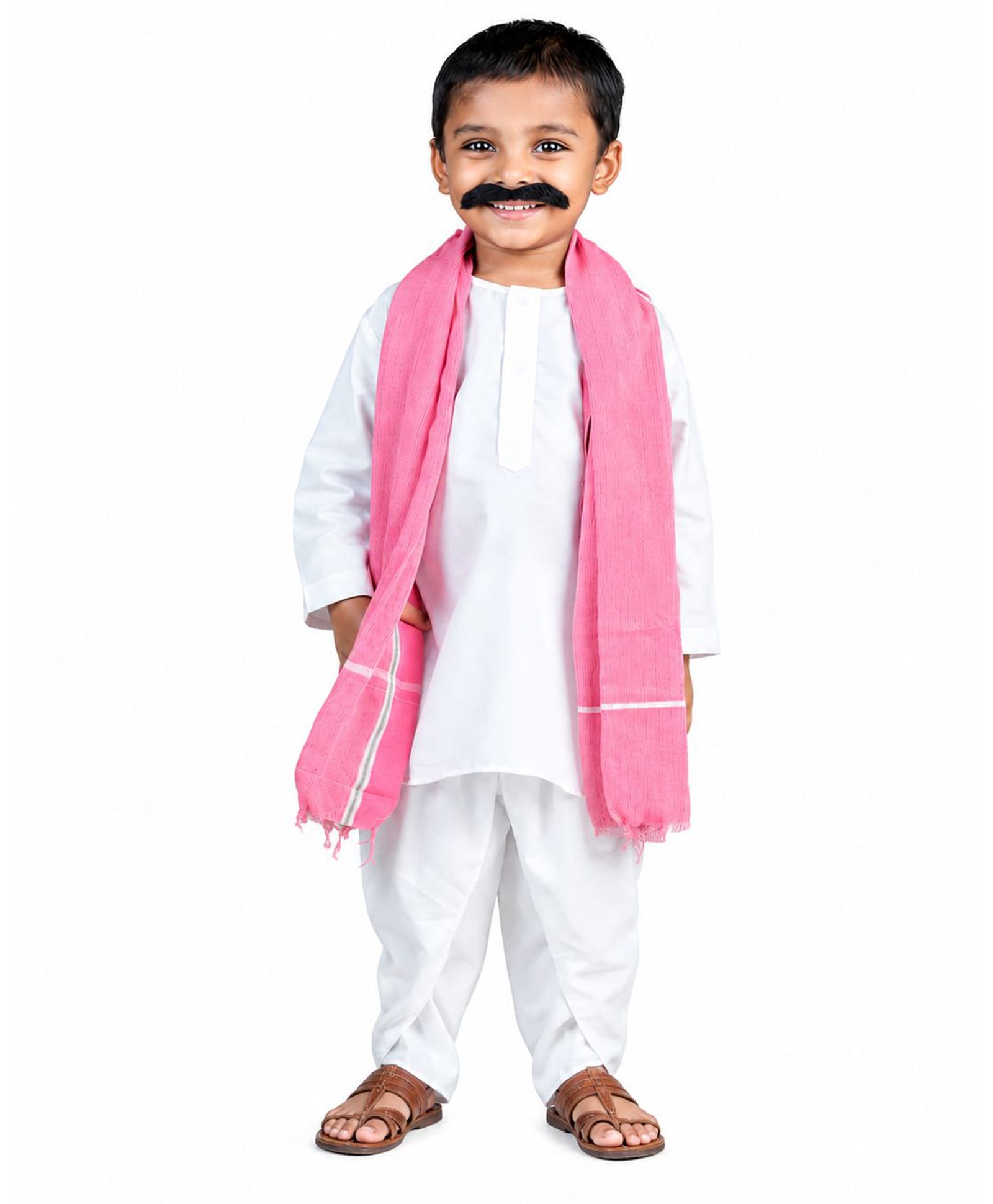 BookMyCostume Woven Full Sleeves Sarpanch Dhoti & Kurta With Stole & Moustache Costume Set - White & Red-image-19