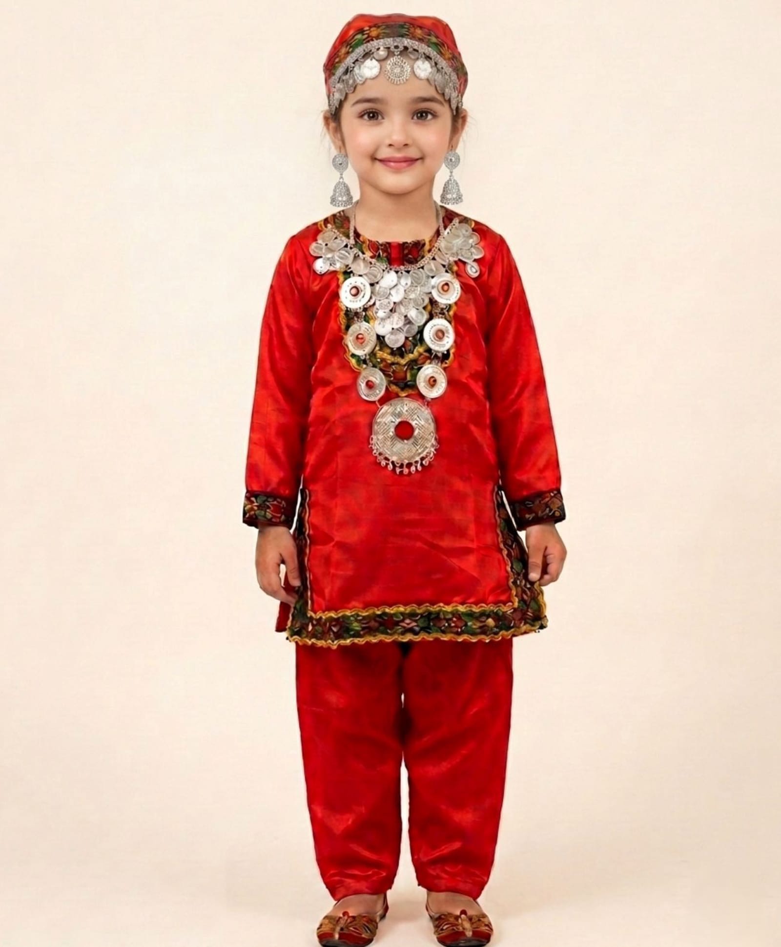 BookMyCostume Woven Full Sleeves Kashmiri Theme Costume & Jewellery Set - Red-image-23