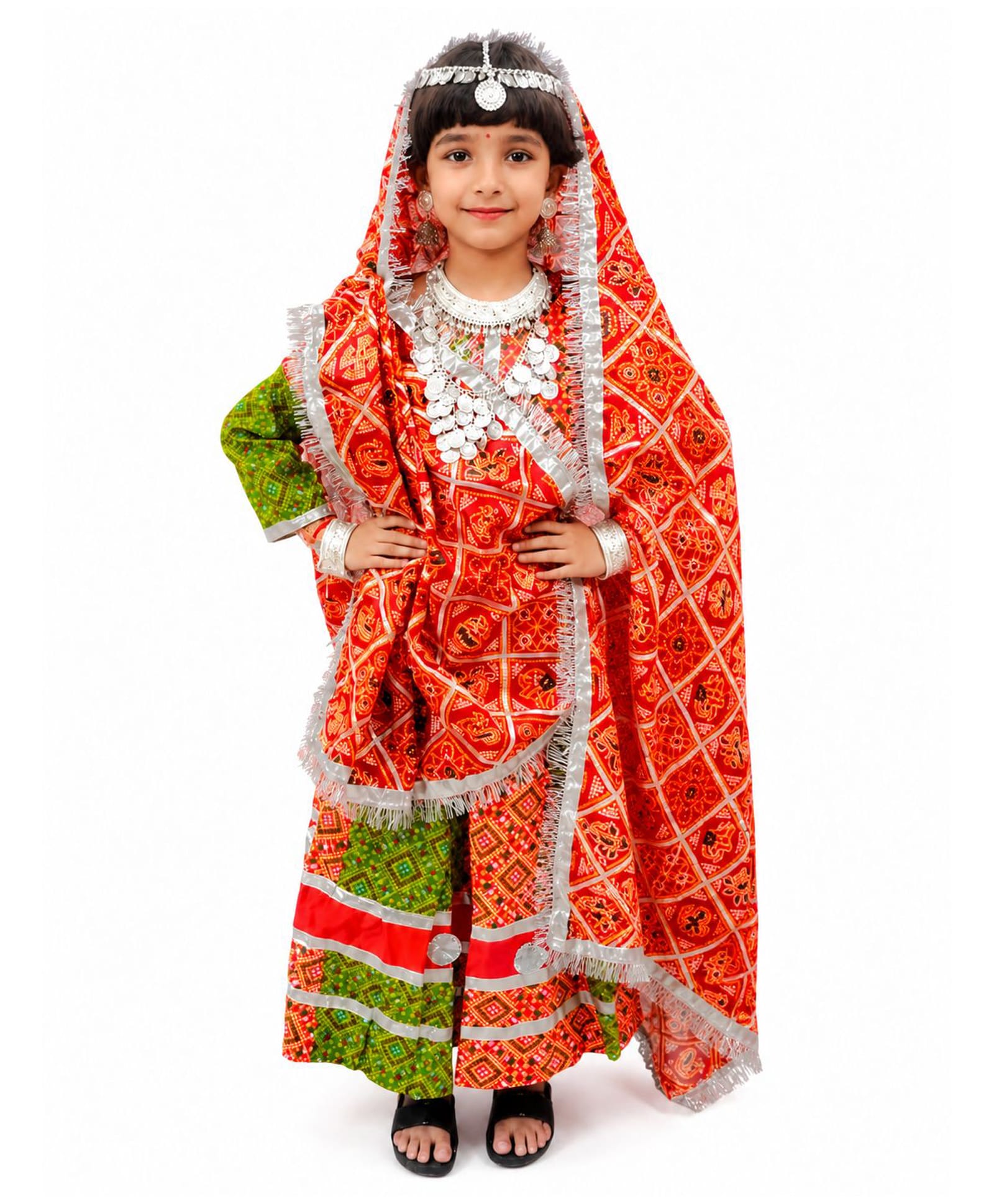 BookMyCostume Woven Three Fourth Sleeves Rajasthani Theme Costume With Jewellery Set - Red & Green-image-37