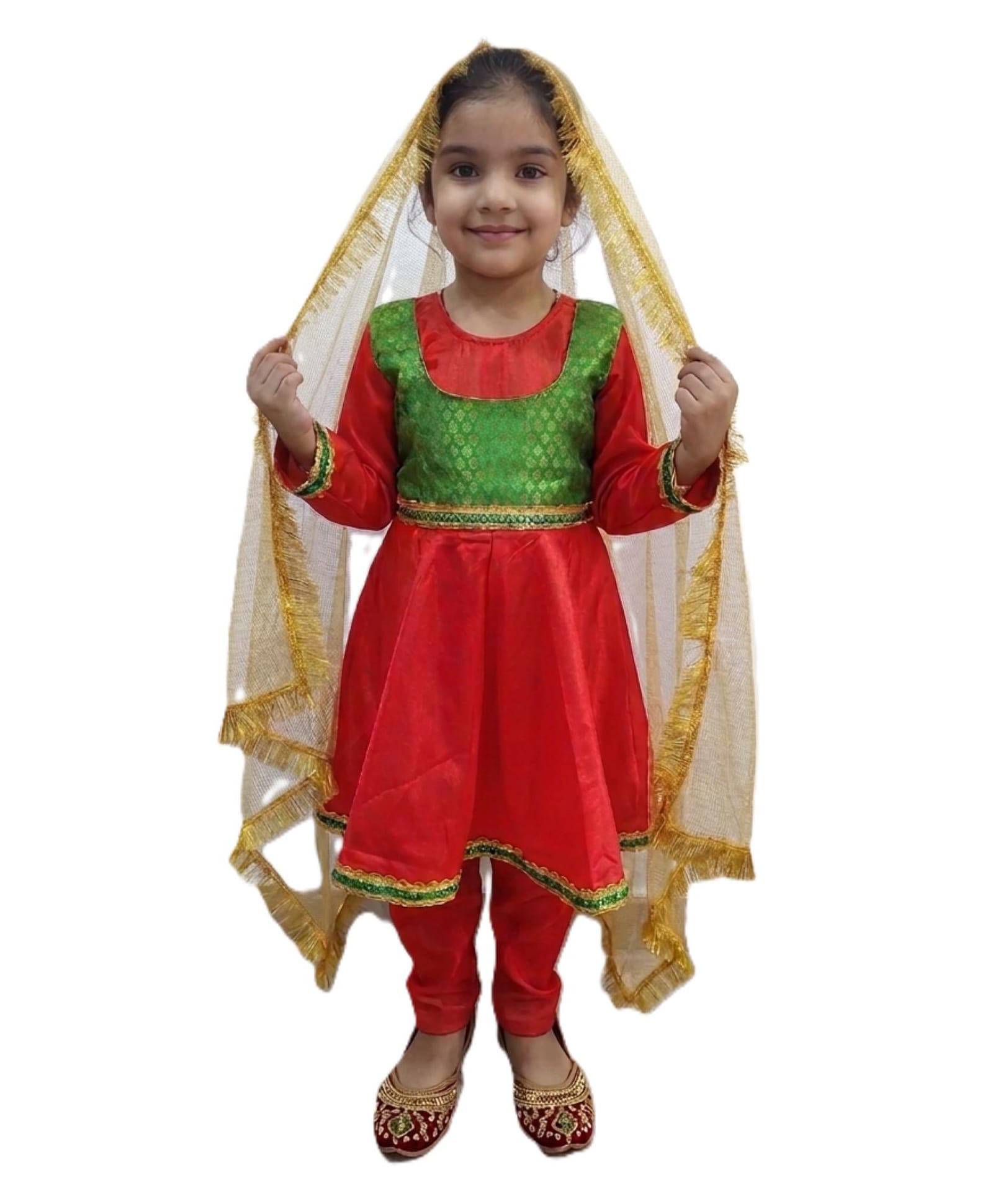 BookMyCostume Kathak Costume Set With Dupatta - Red Green & Golden-image-6