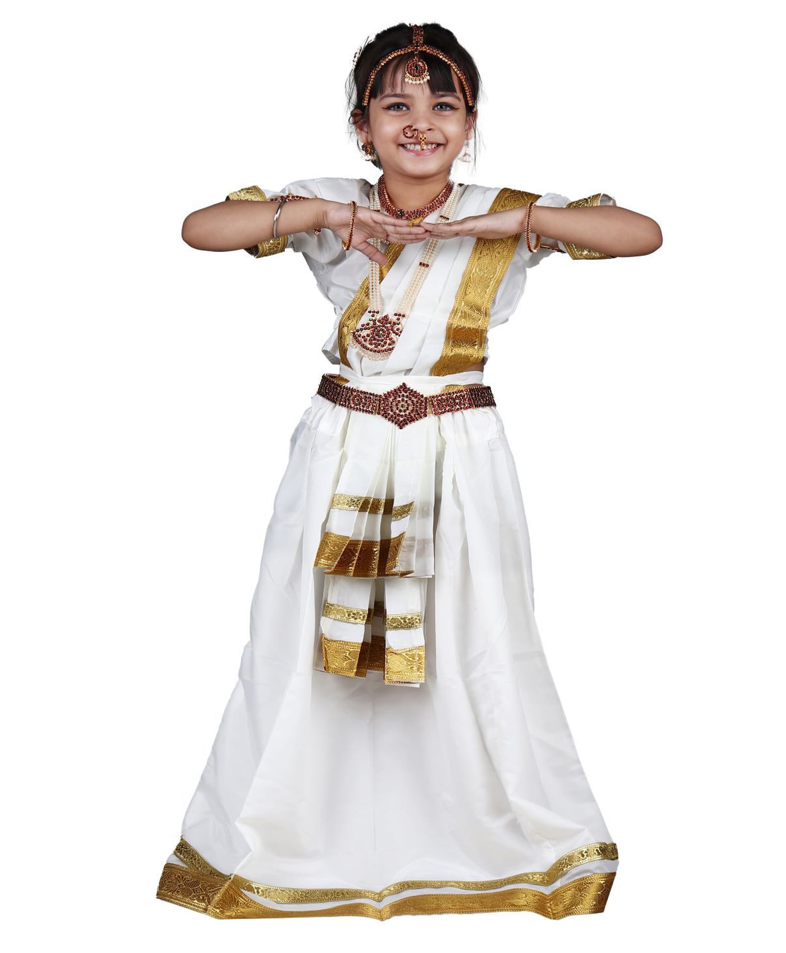 BookMyCostume Woven Half Sleeves Golden Lace Embellished Mohiniyattam Theme Costume With Jewellery Set - White & Golden-image-4