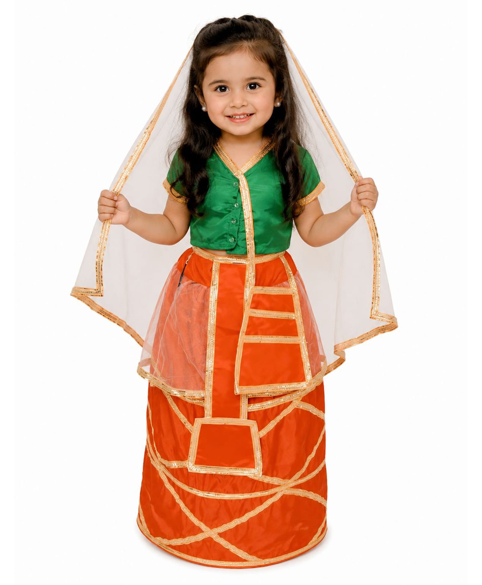 BookMyCostume Woven Half Sleeves Lace Embellished Manipuri Theme Costume Set - Red & Green-image-9